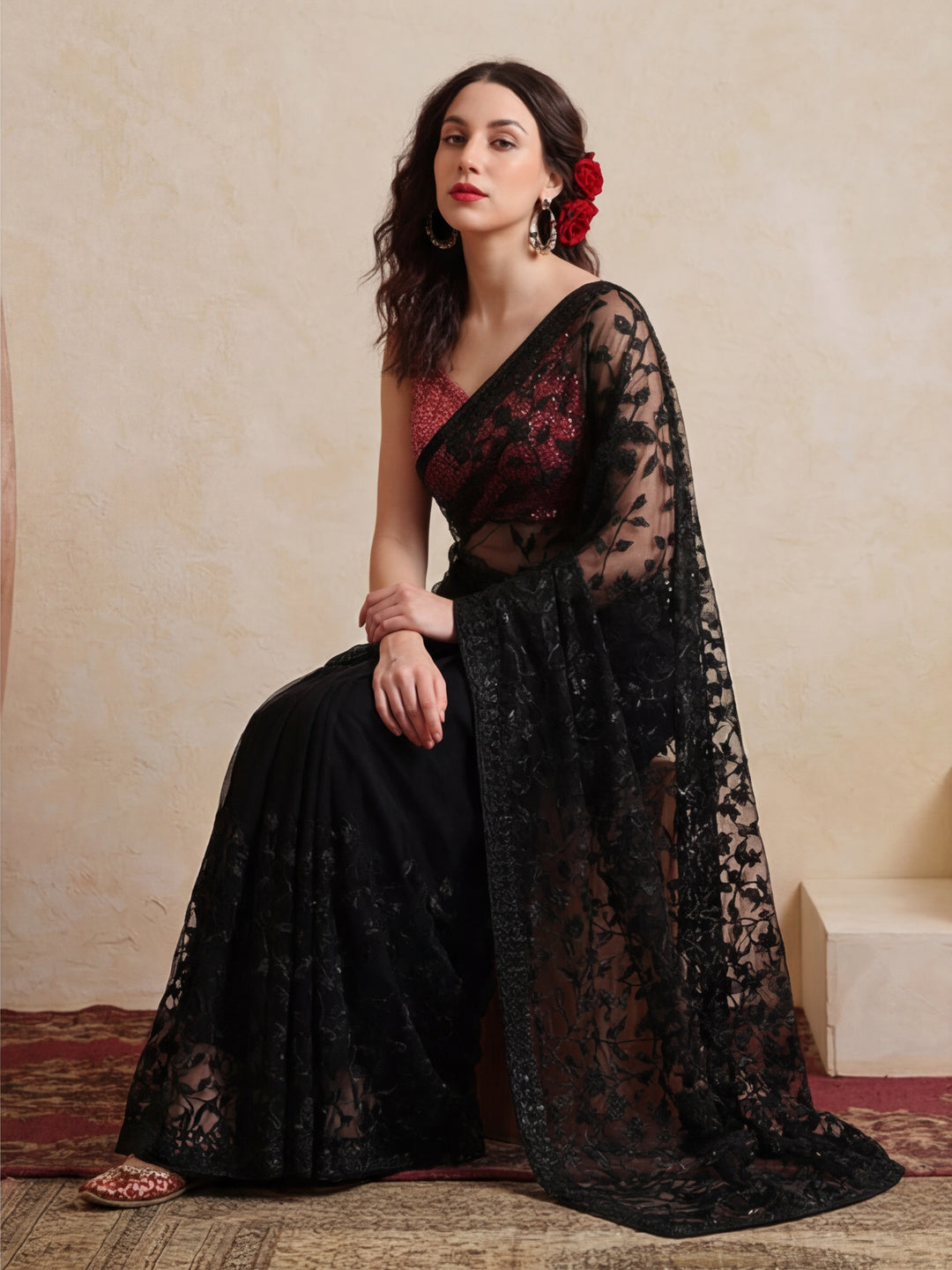 Party Wear Floral Embroidered Net Saree