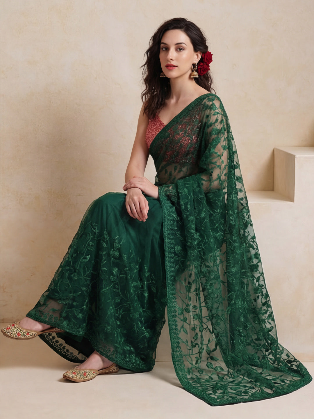 Party Wear Floral Embroidered Net Saree