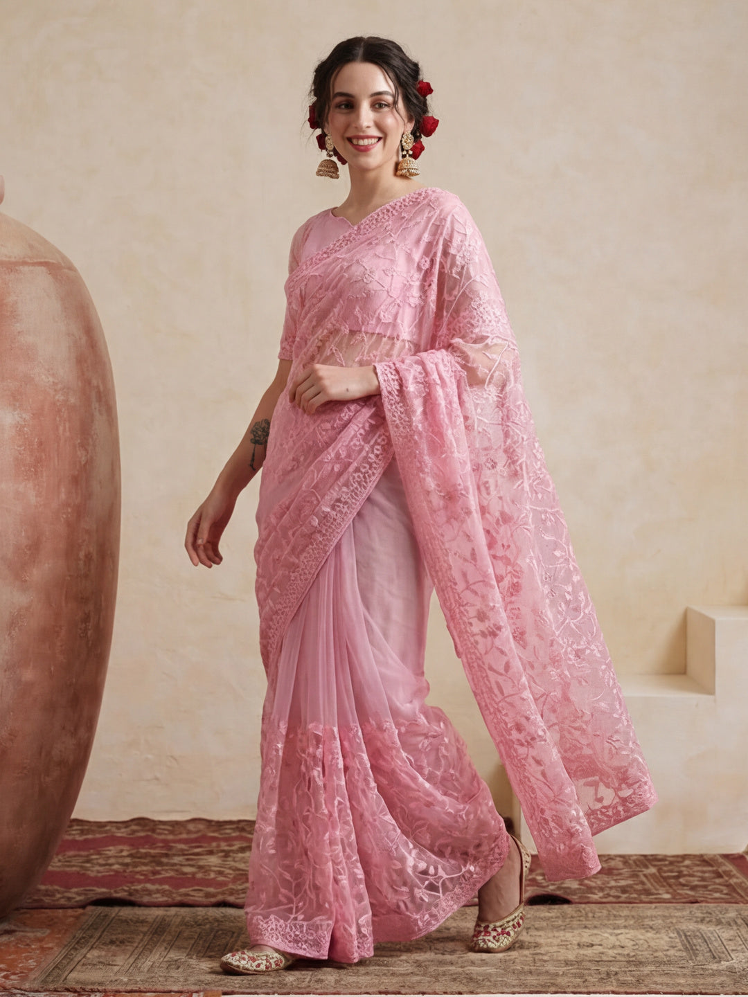Party Wear Floral Embroidered Net Saree