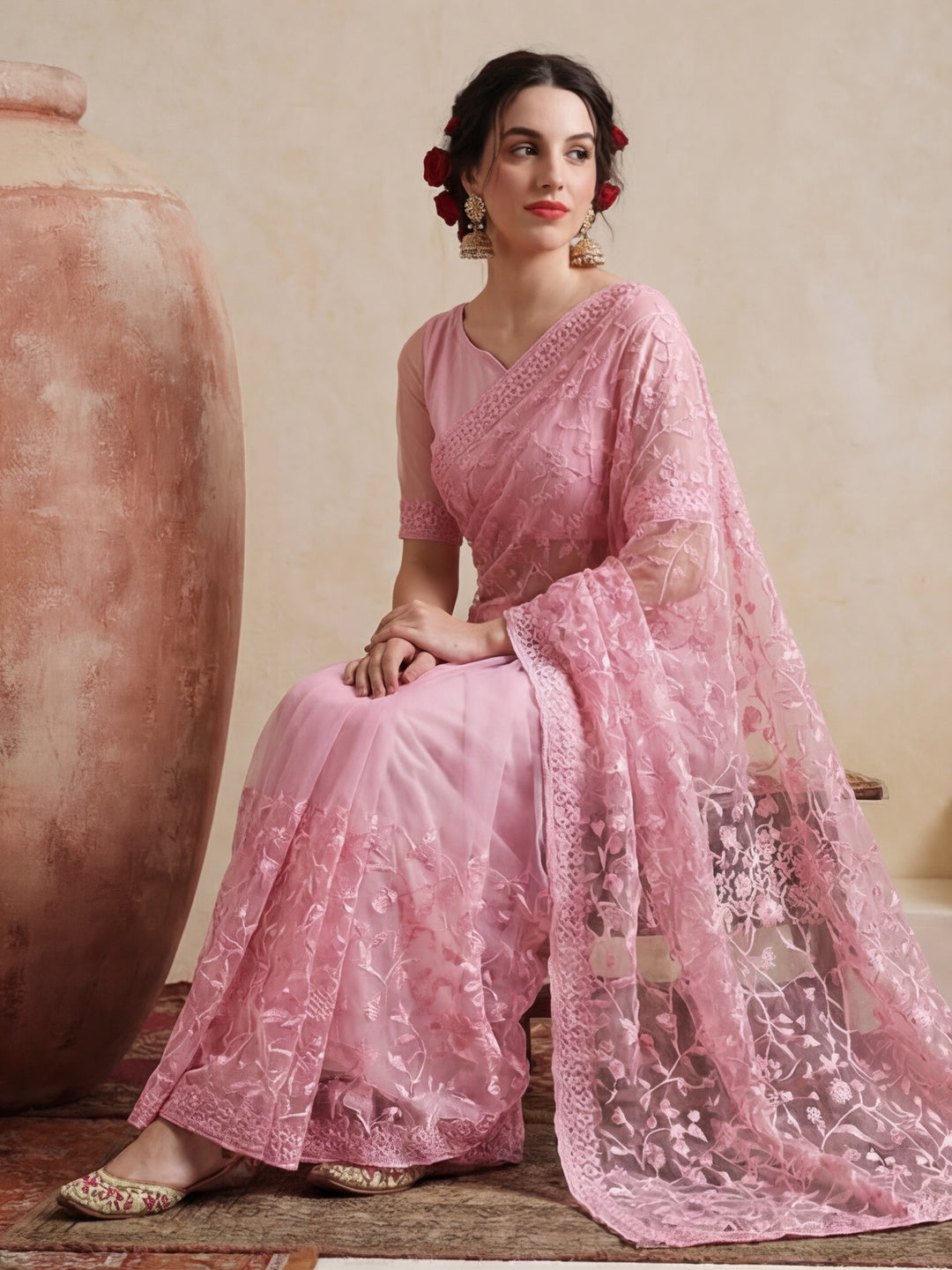 Party Wear Floral Embroidered Net Saree