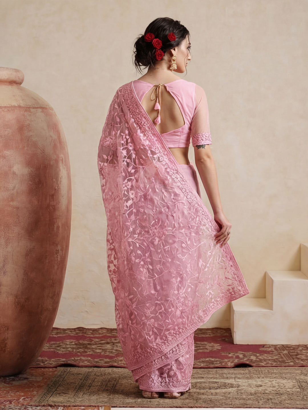 Party Wear Floral Embroidered Net Saree