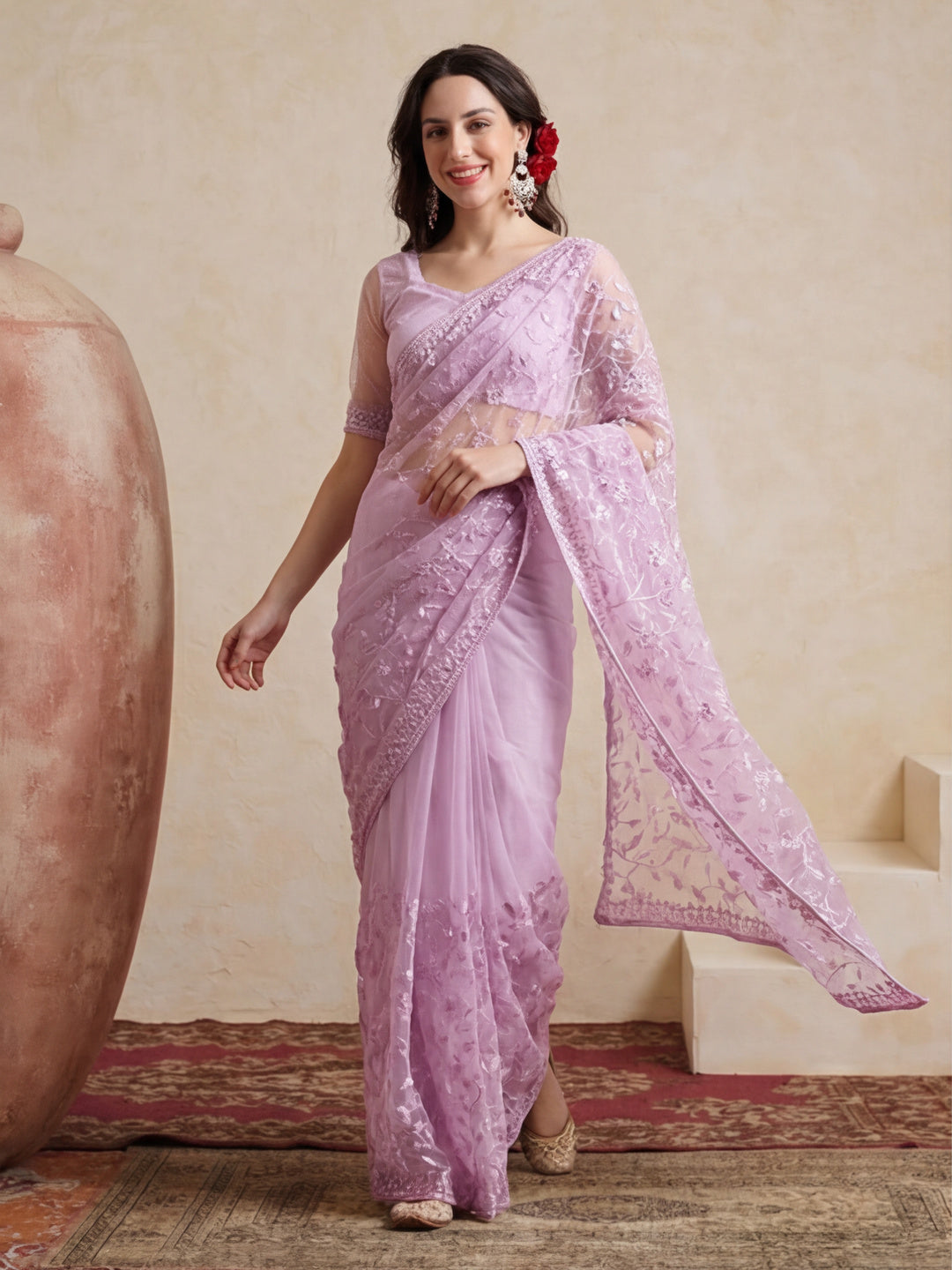 Party Wear Floral Embroidered Net Saree