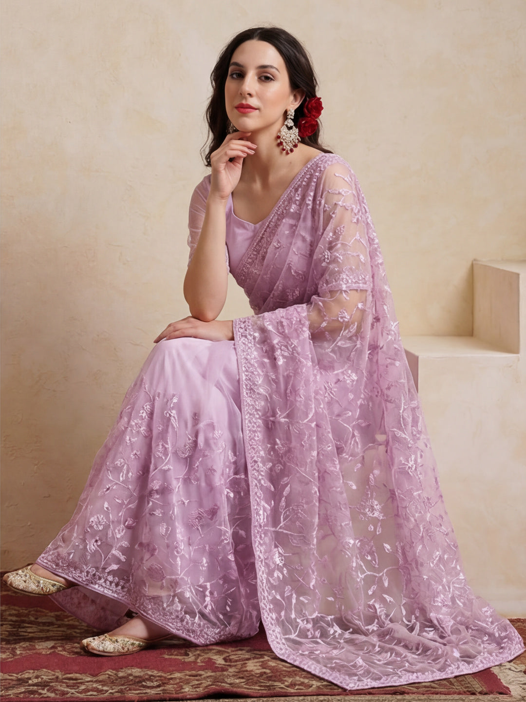 Party Wear Floral Embroidered Net Saree