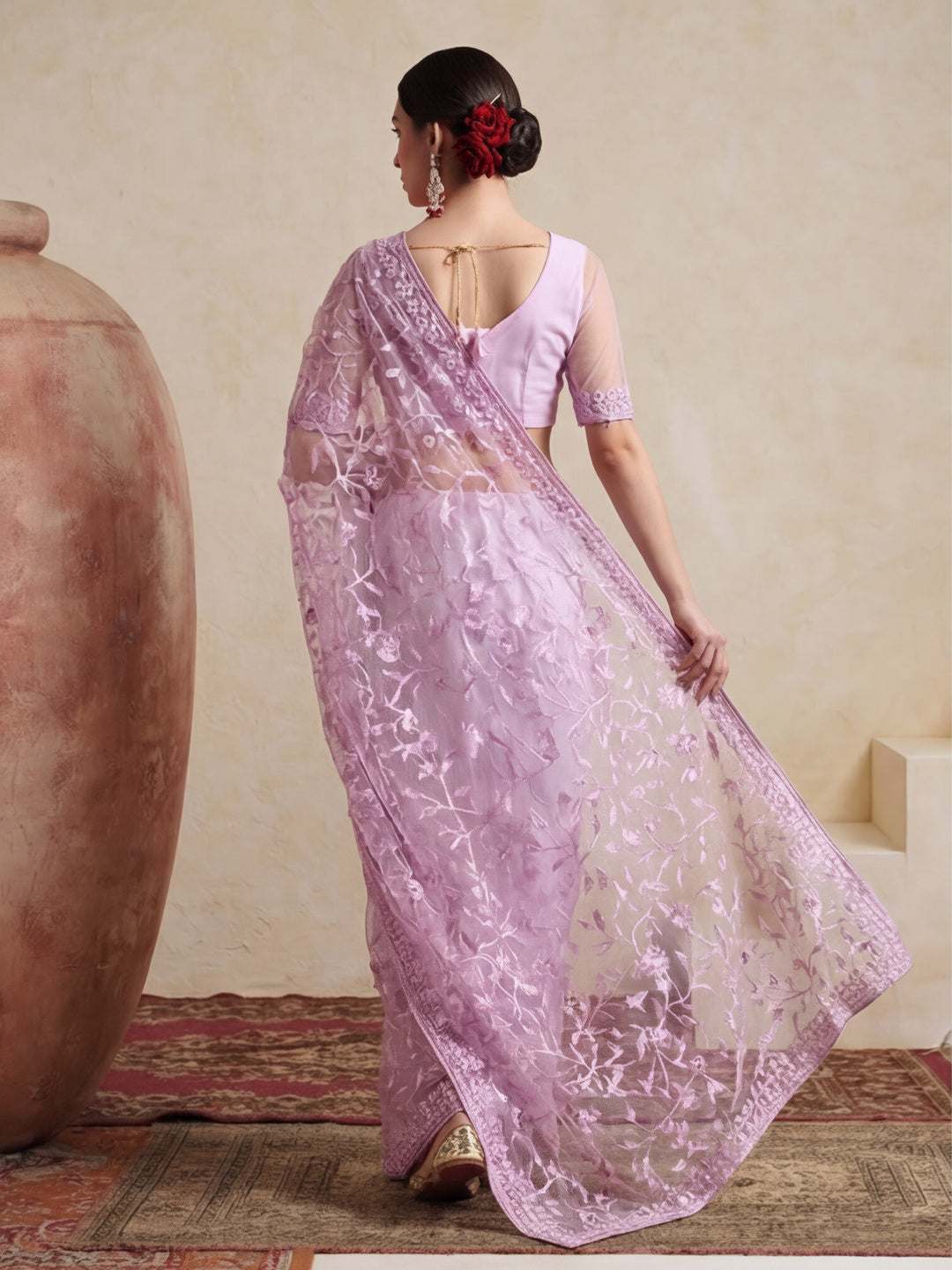 Party Wear Floral Embroidered Net Saree