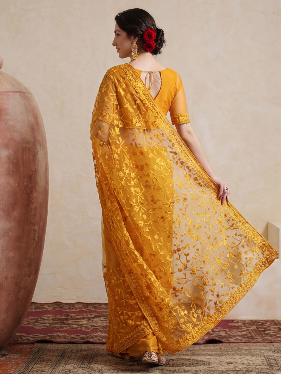 Party Wear Floral Embroidered Net Saree