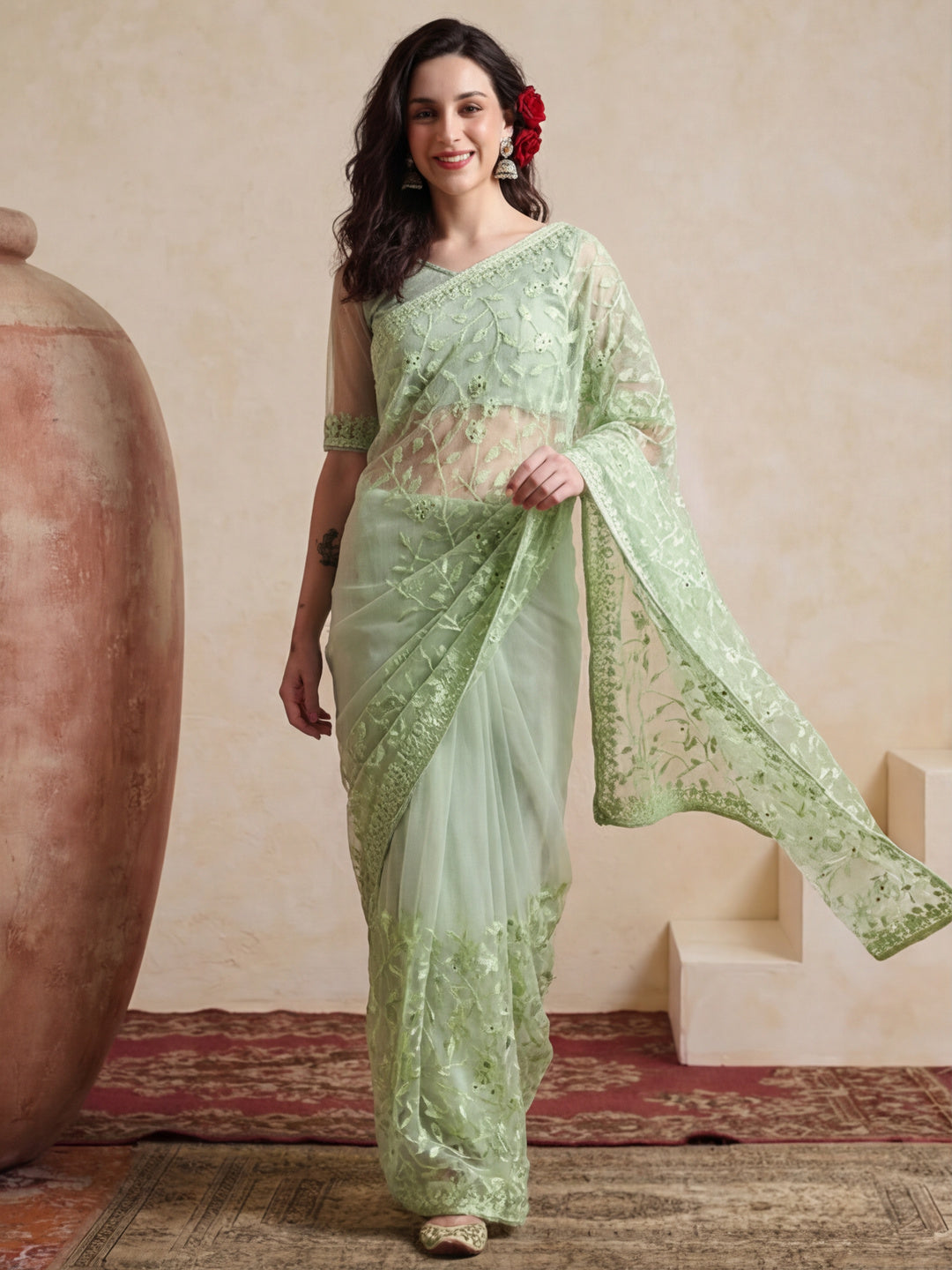 Party Wear Floral Embroidered Net Saree