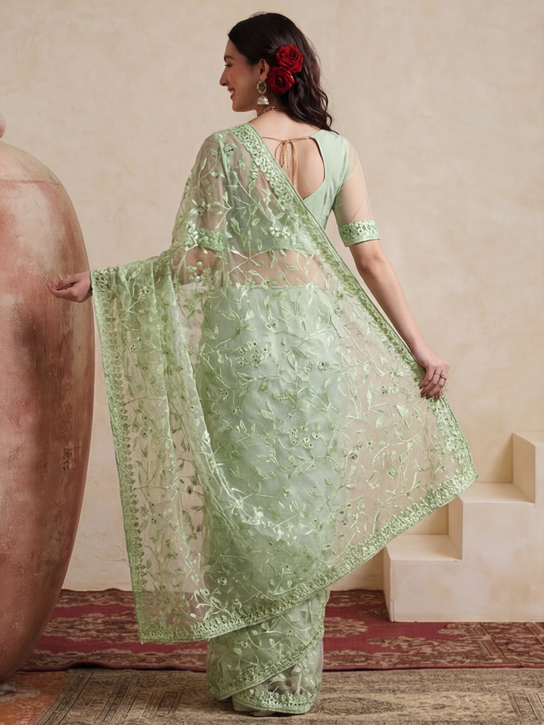 Party Wear Floral Embroidered Net Saree