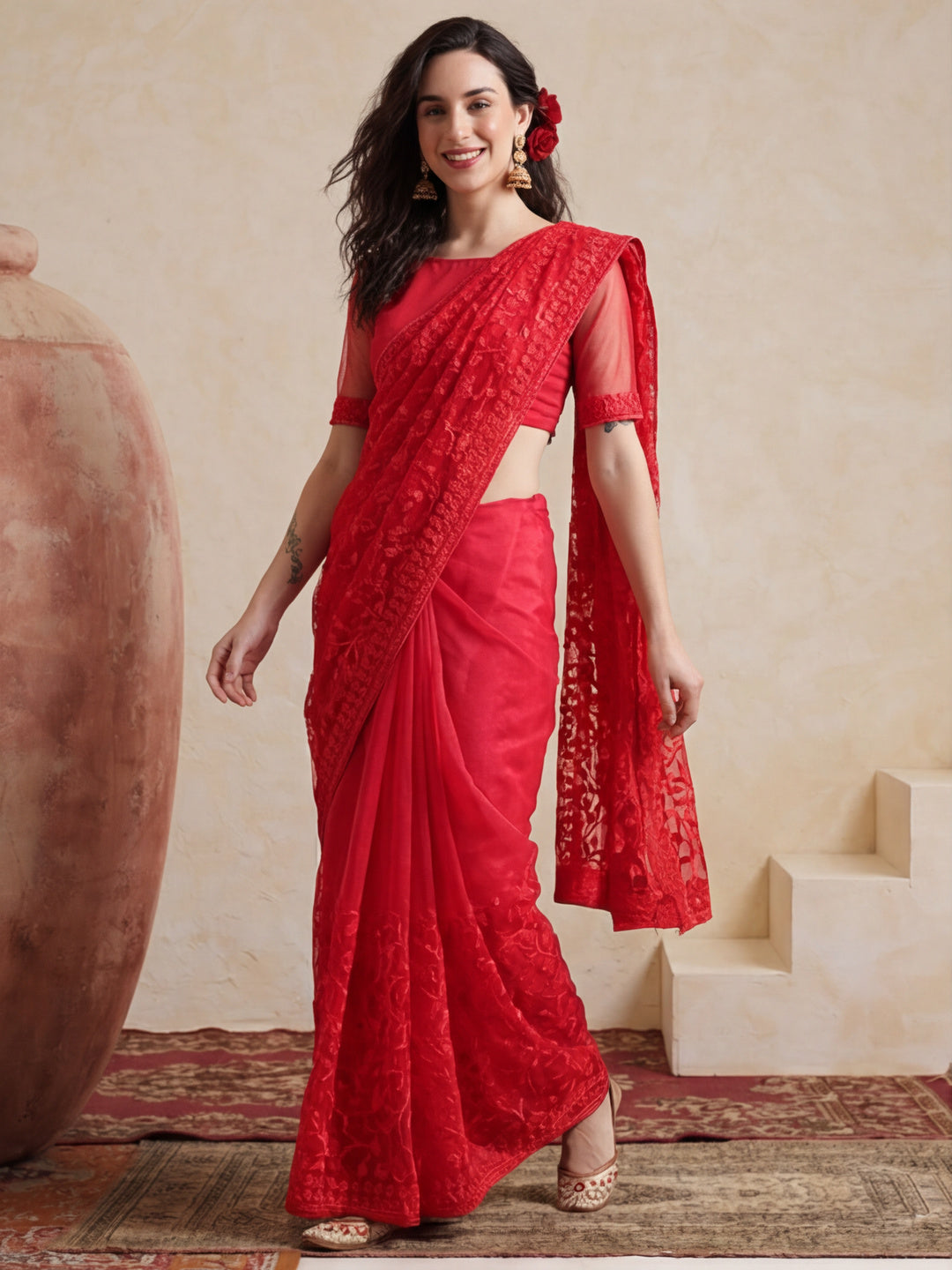 Party Wear Floral Embroidered Net Saree