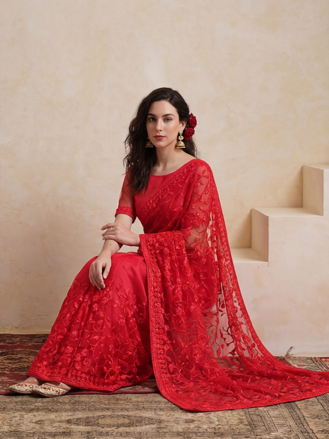 Party Wear Floral Embroidered Net Saree