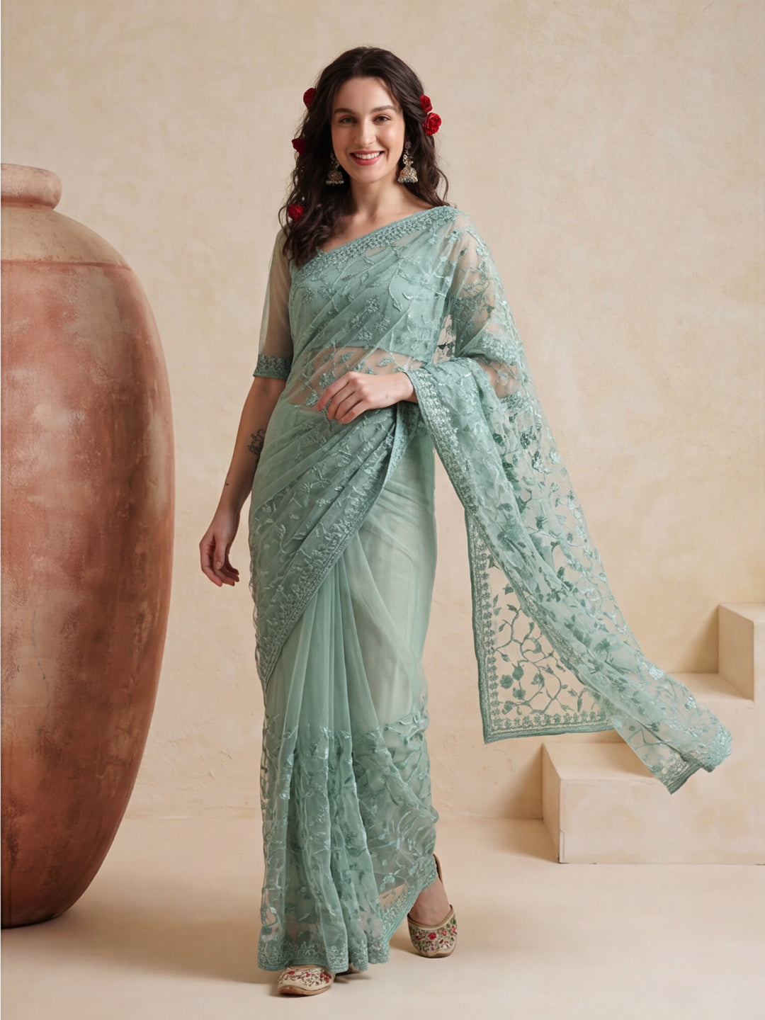 Party Wear Floral Embroidered Net Saree