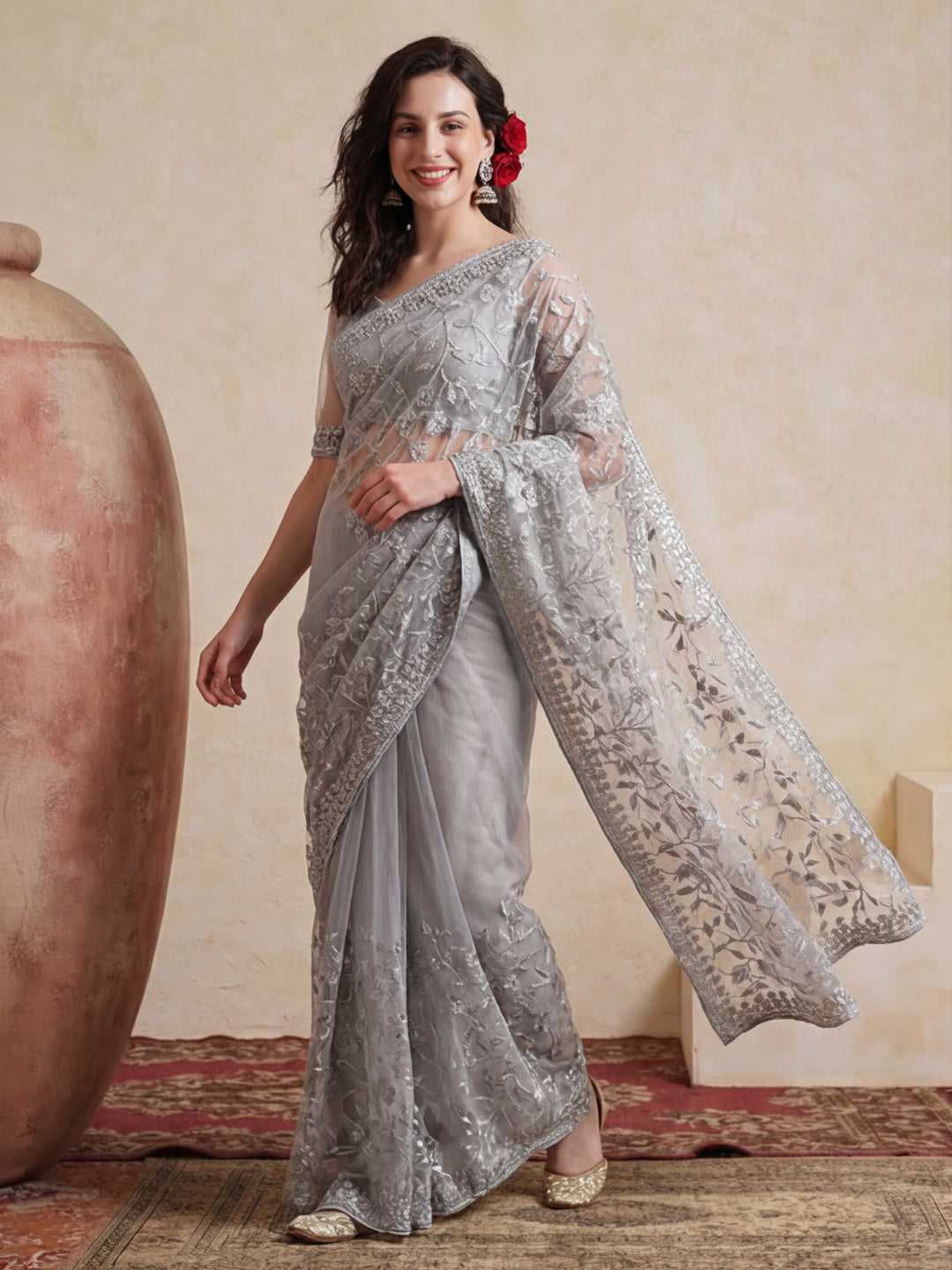 Party Wear Floral Embroidered Net Saree