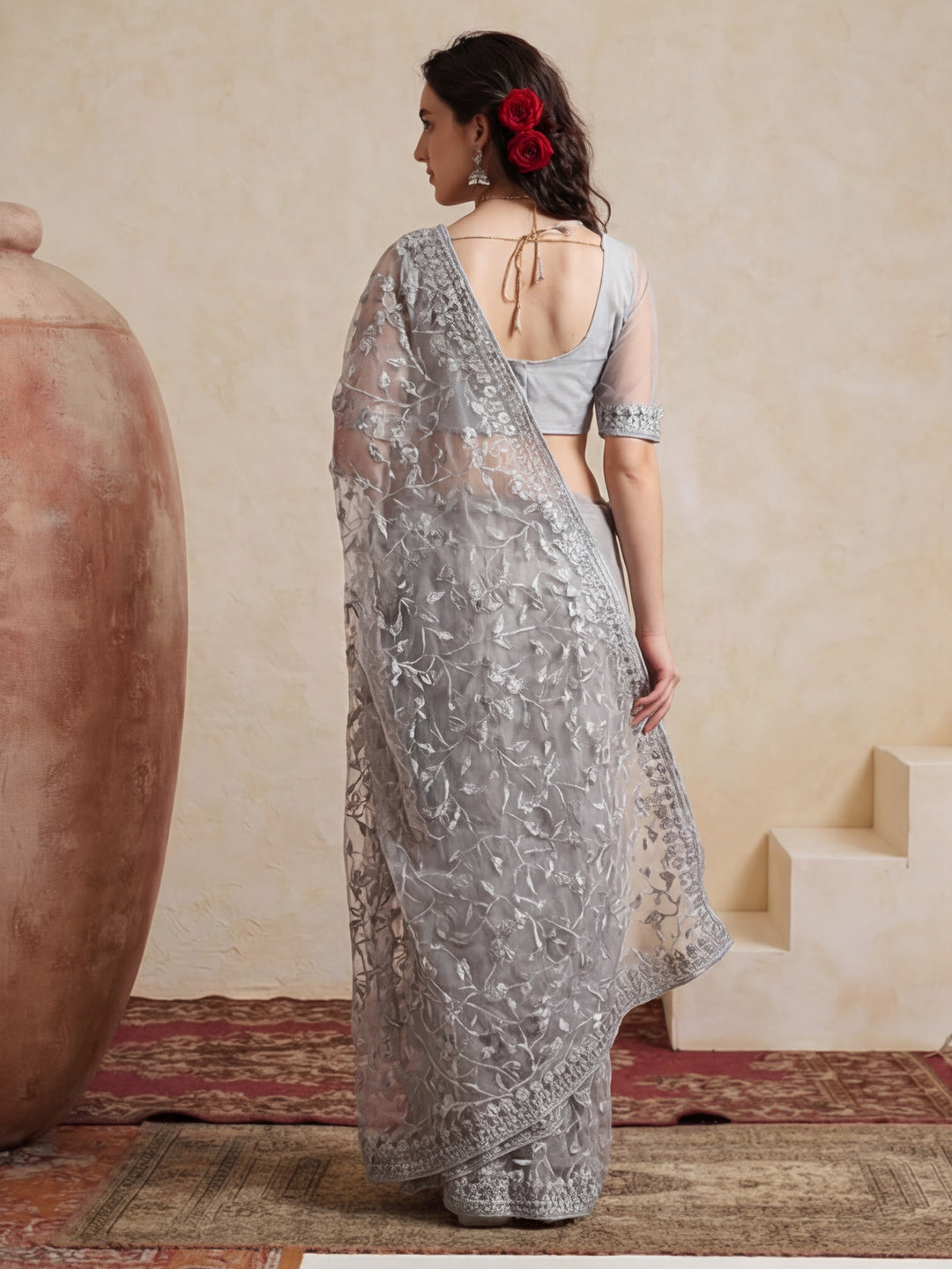 Party Wear Floral Embroidered Net Saree