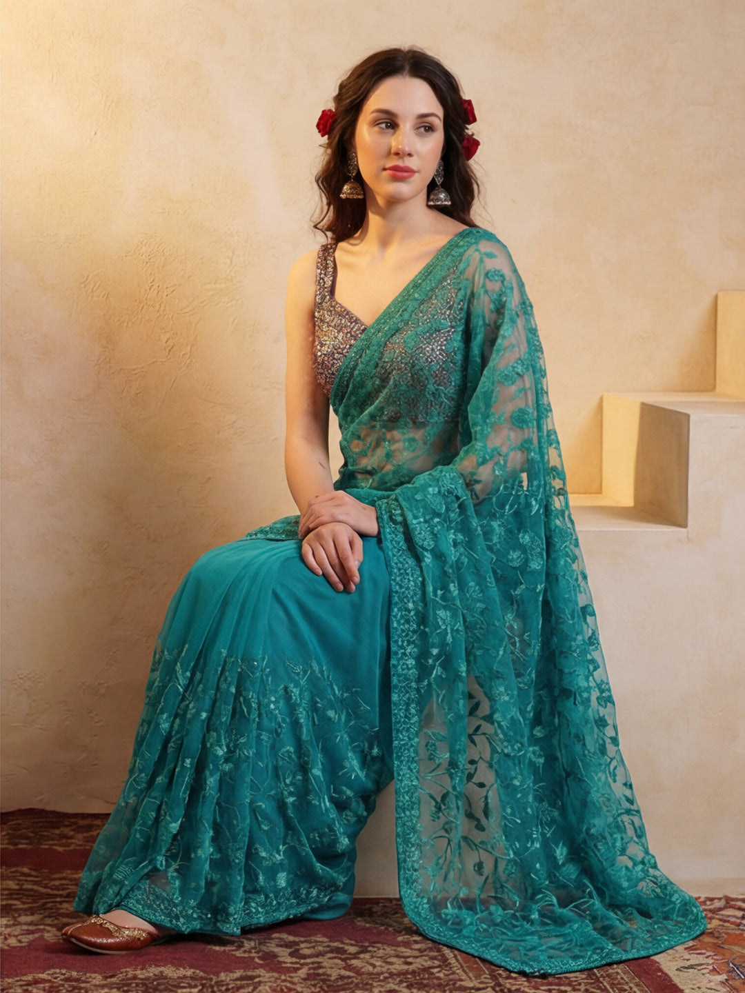 Party Wear Floral Embroidered Net Saree