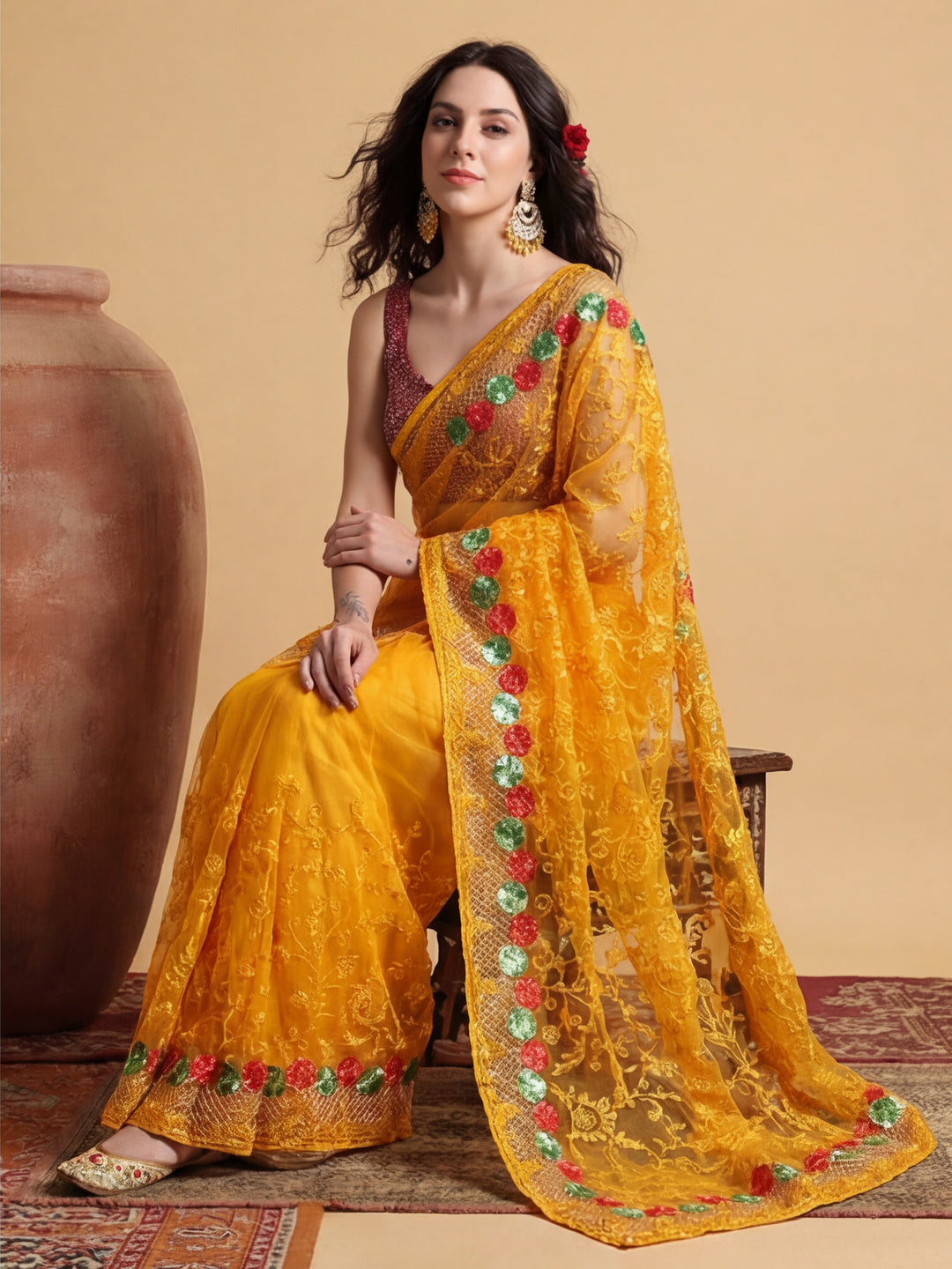 Party Wear Floral Embroidered Net Saree