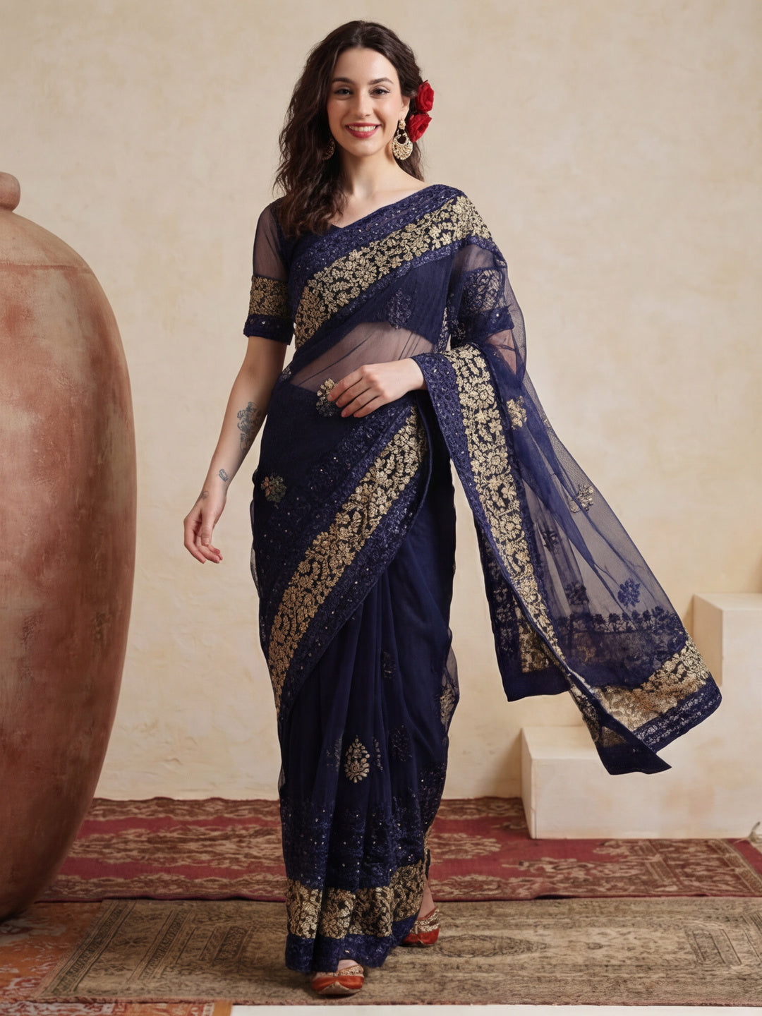 Floral Embroidered Net Party Wear Saree