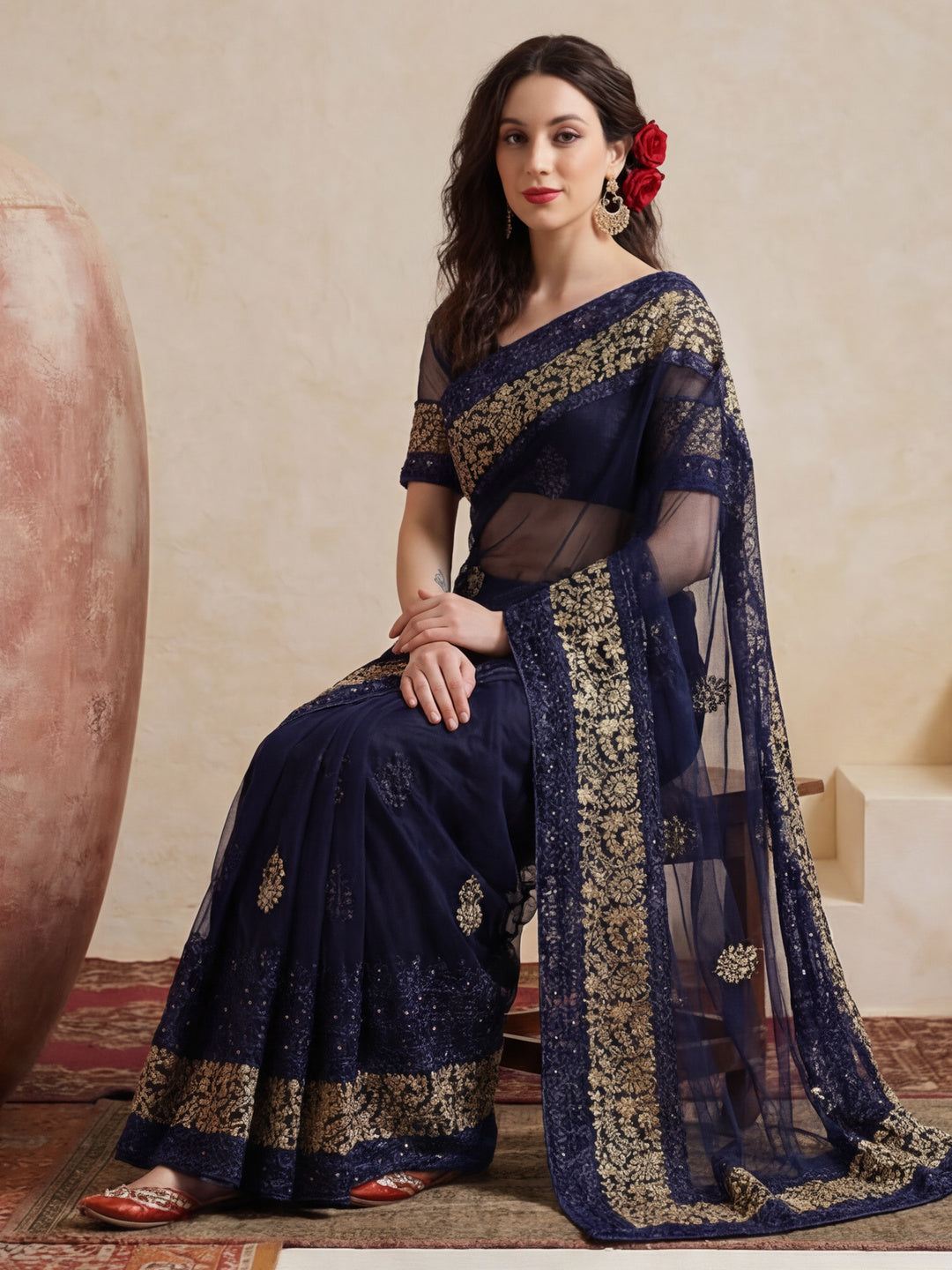Floral Embroidered Net Party Wear Saree