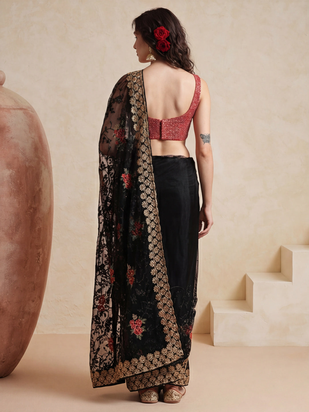 Floral Embroidered Net Party Wear Saree