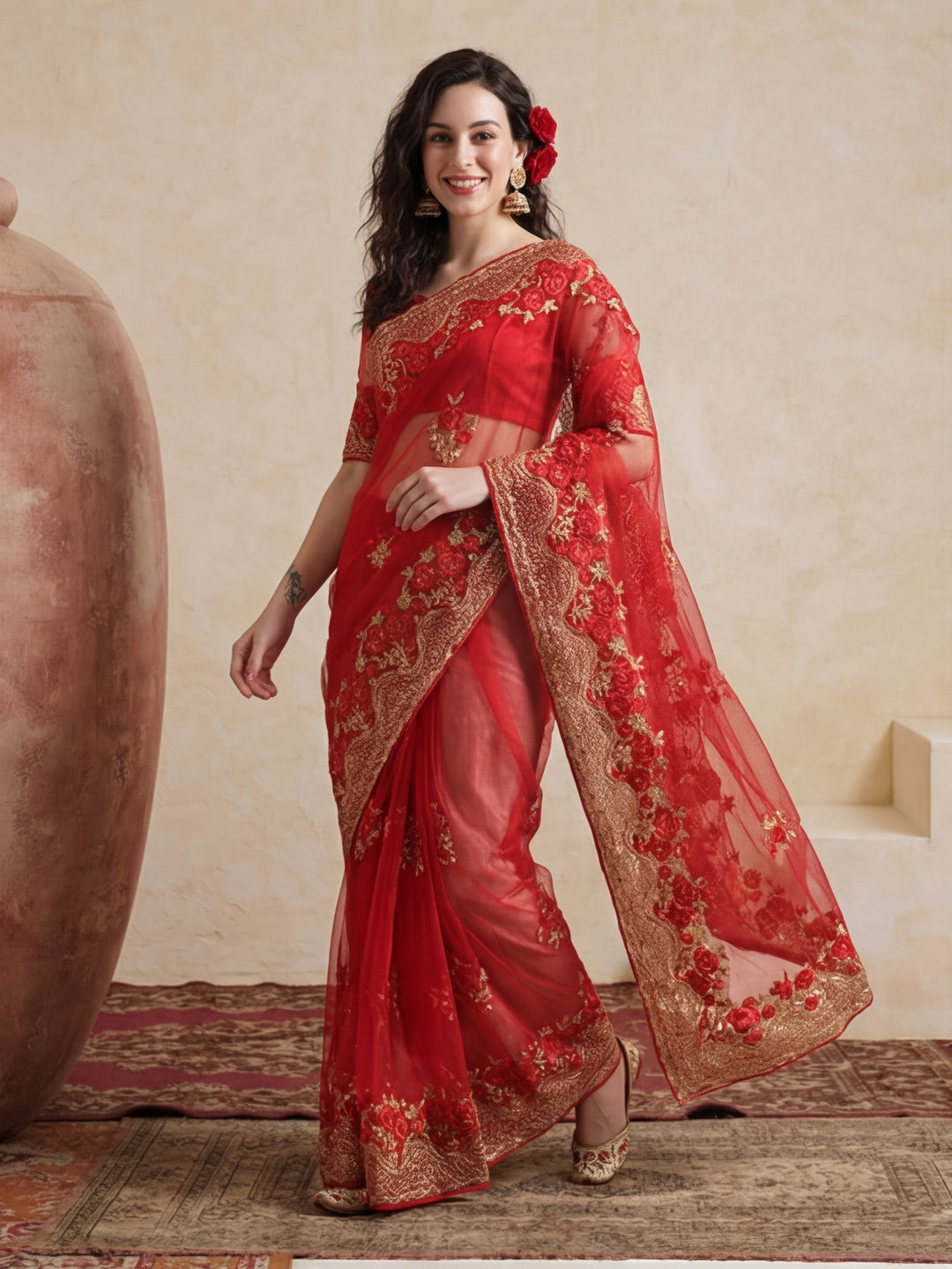 Floral Embroidered Net Party Wear Red Saree