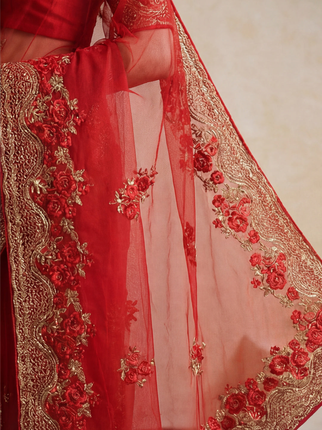 Floral Embroidered Net Party Wear Red Saree