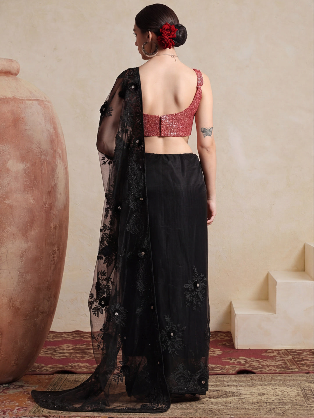 Embroidered Net Party Wear Black Saree