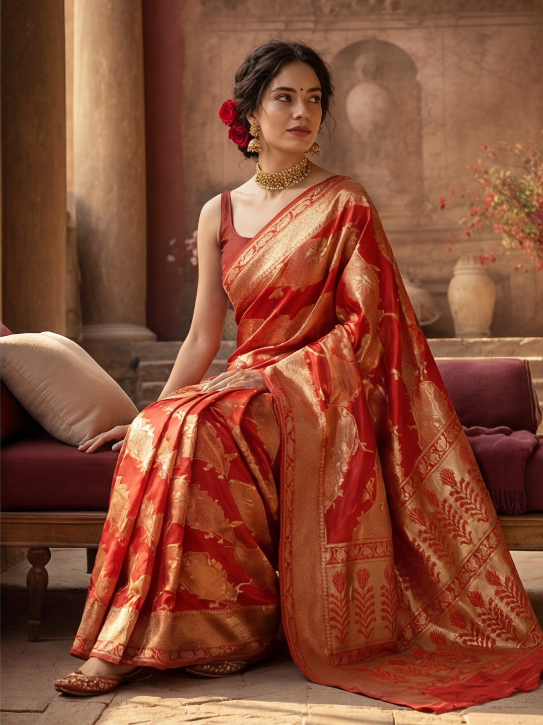 Stunning Red Weaving Work Banarasi Silk Saree -