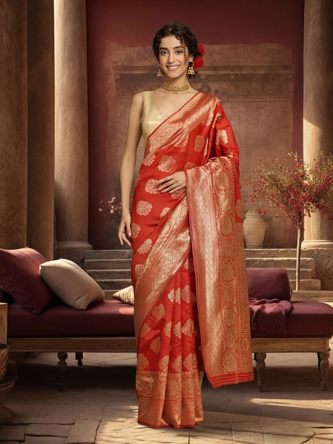 Women's Red Colour Weaving Work Saree