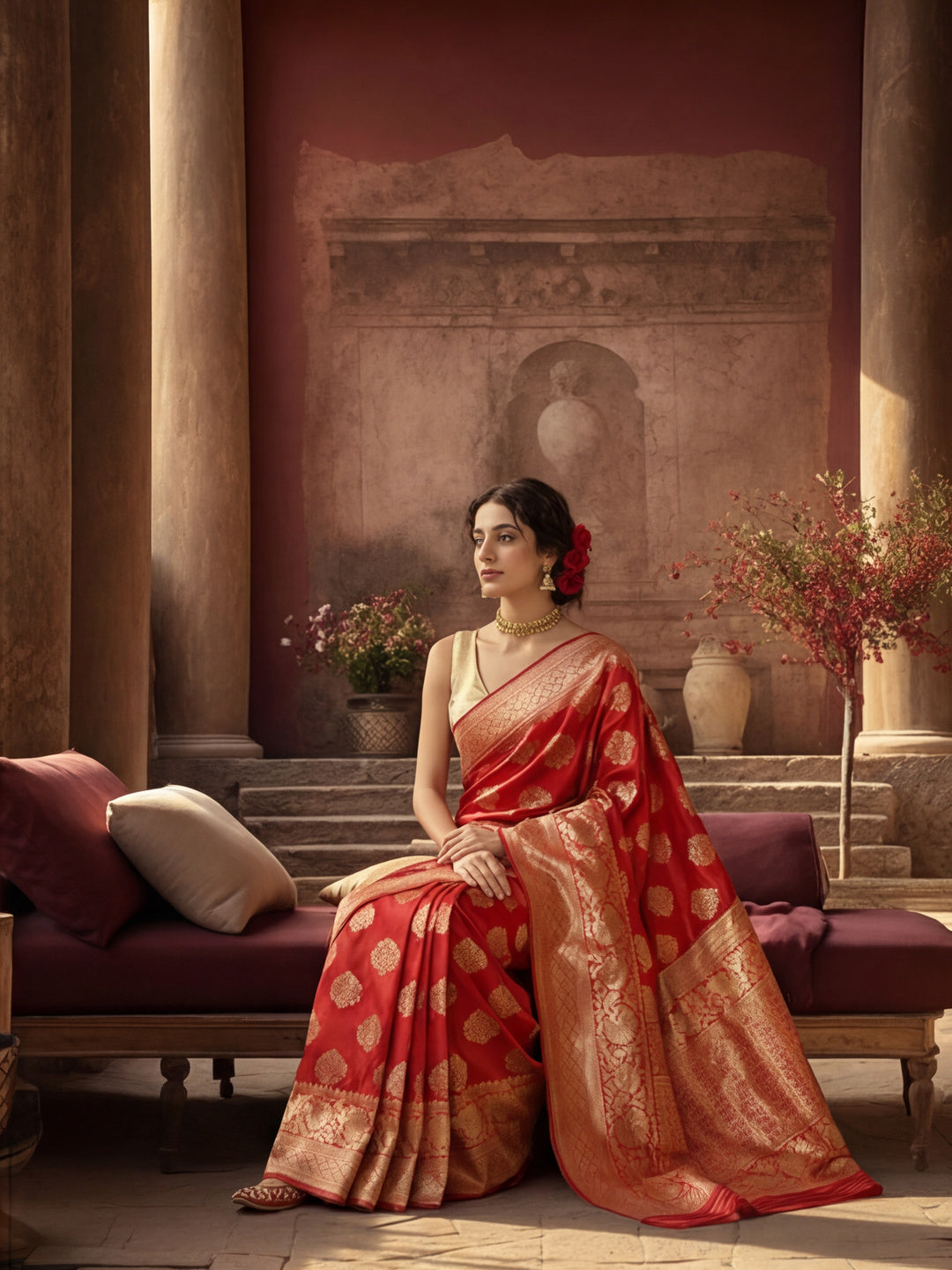 Women's Red Colour Weaving Work Saree