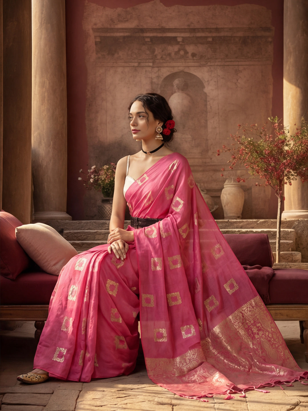 Charming Pink Weaving Cotton Blend Saree
