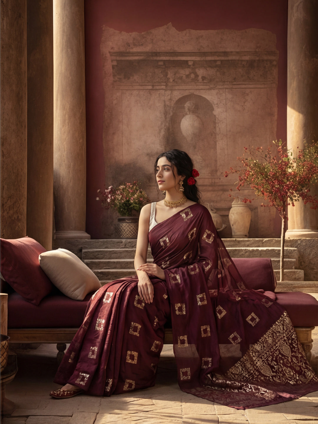 Elegant Wine Weaving Cotton Blend Saree