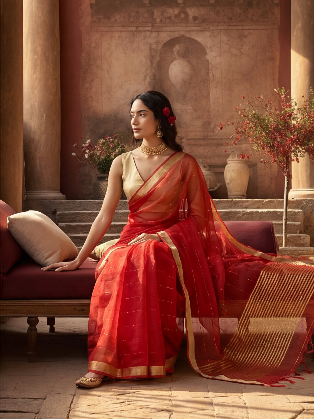 Women's Red Organza Silk Weaving Work Saree