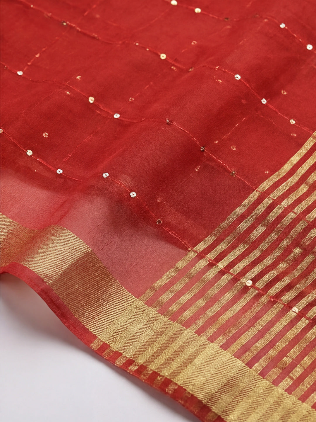 Women's Red Organza Silk Weaving Work Saree
