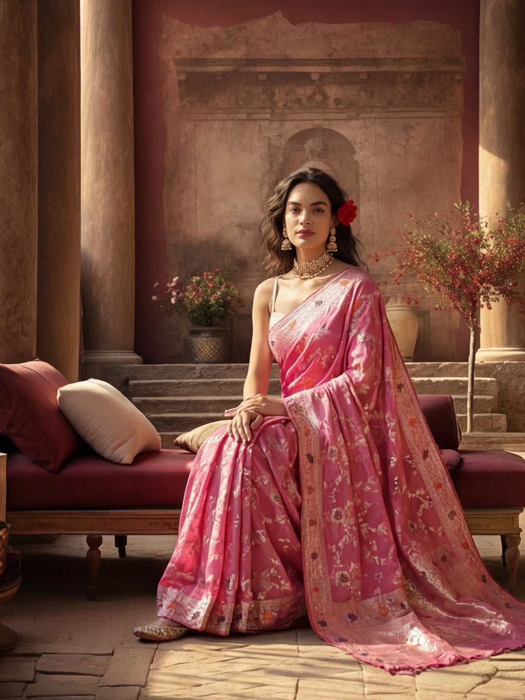 Women's Pink Jacquard Weaving Work Saree