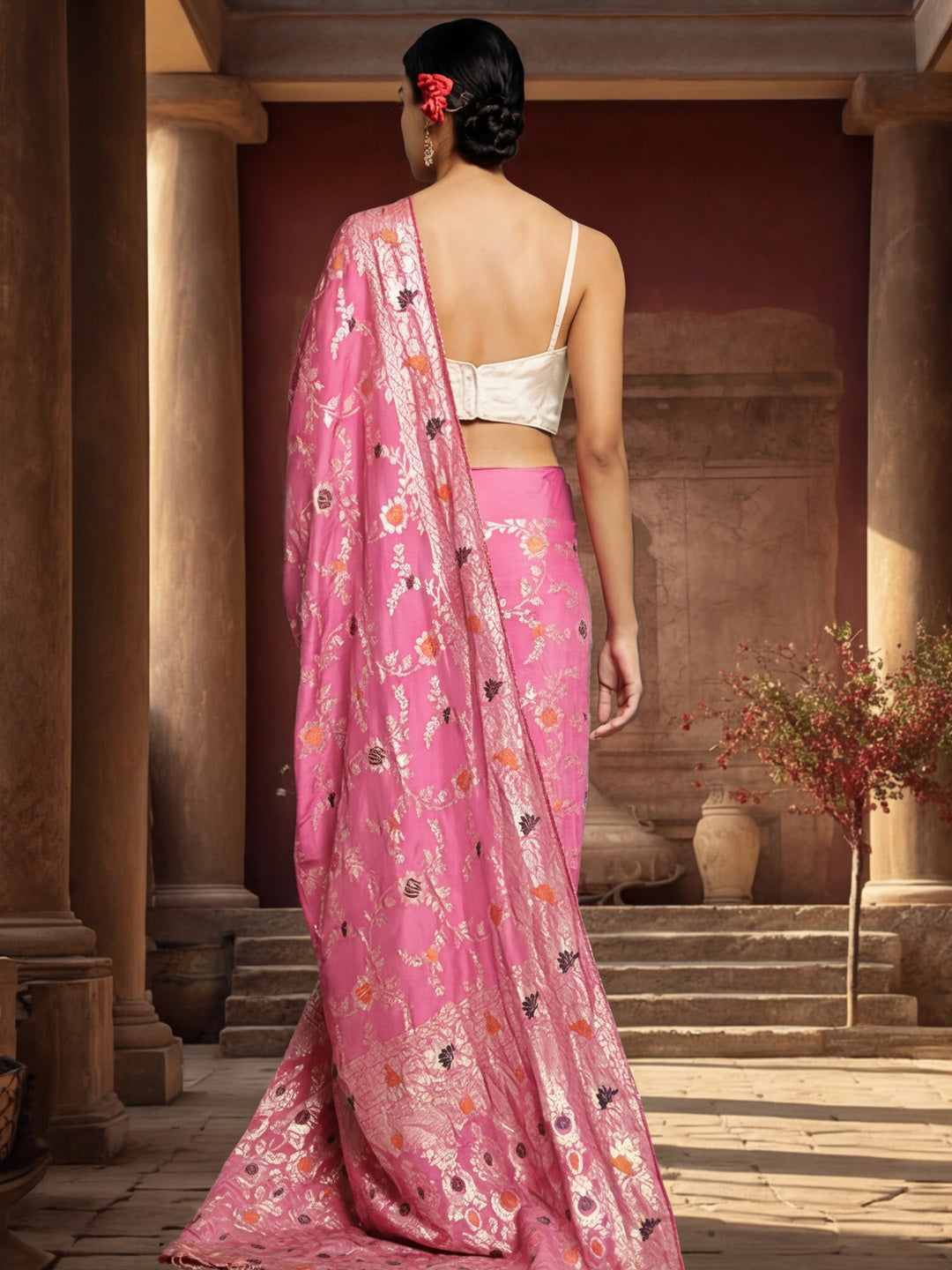Women's Pink Jacquard Weaving Work Saree