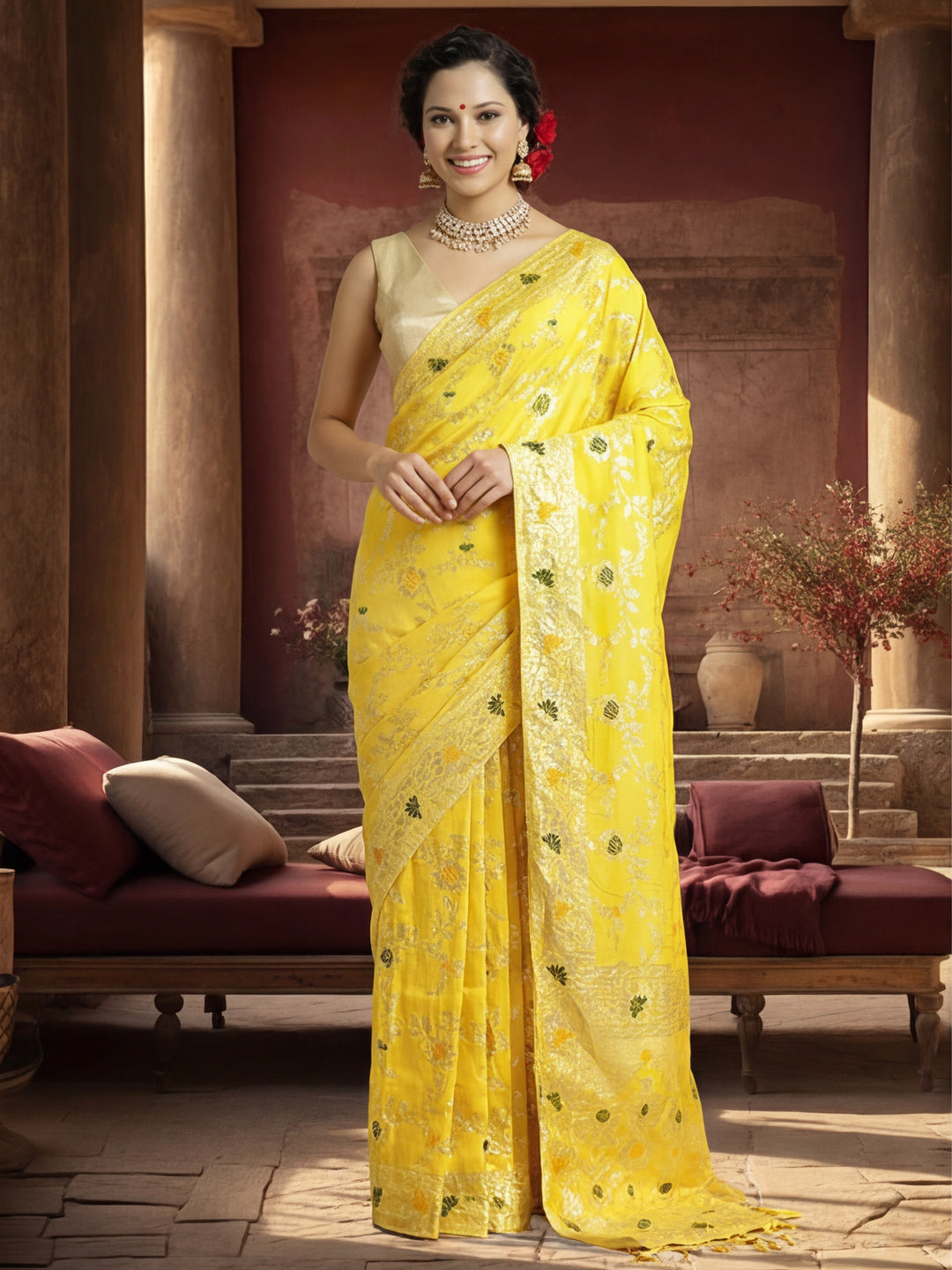 Silk Banarasi Floral Zari Woven Design Yellow Saree