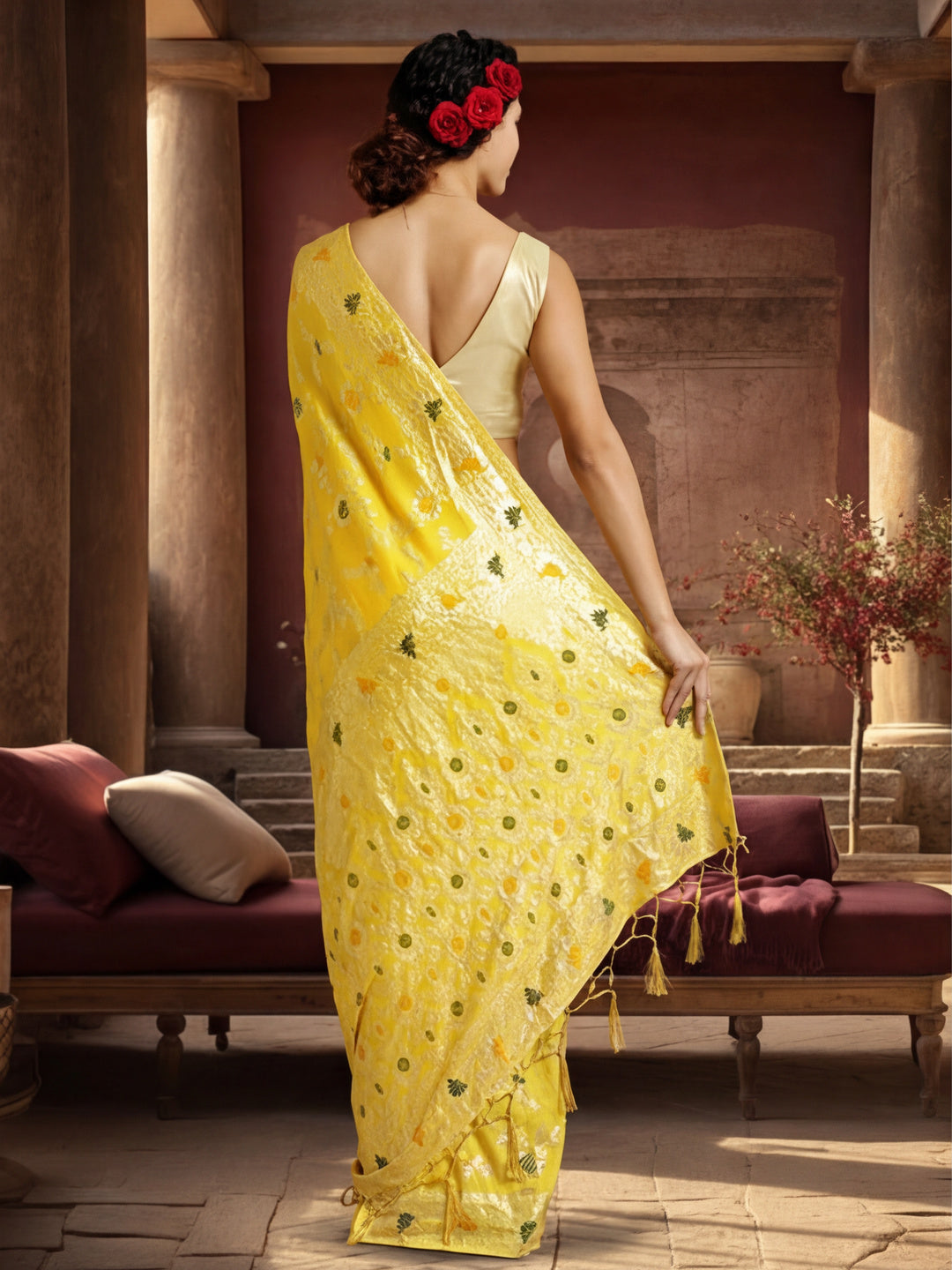 Silk Banarasi Floral Zari Woven Design Yellow Saree