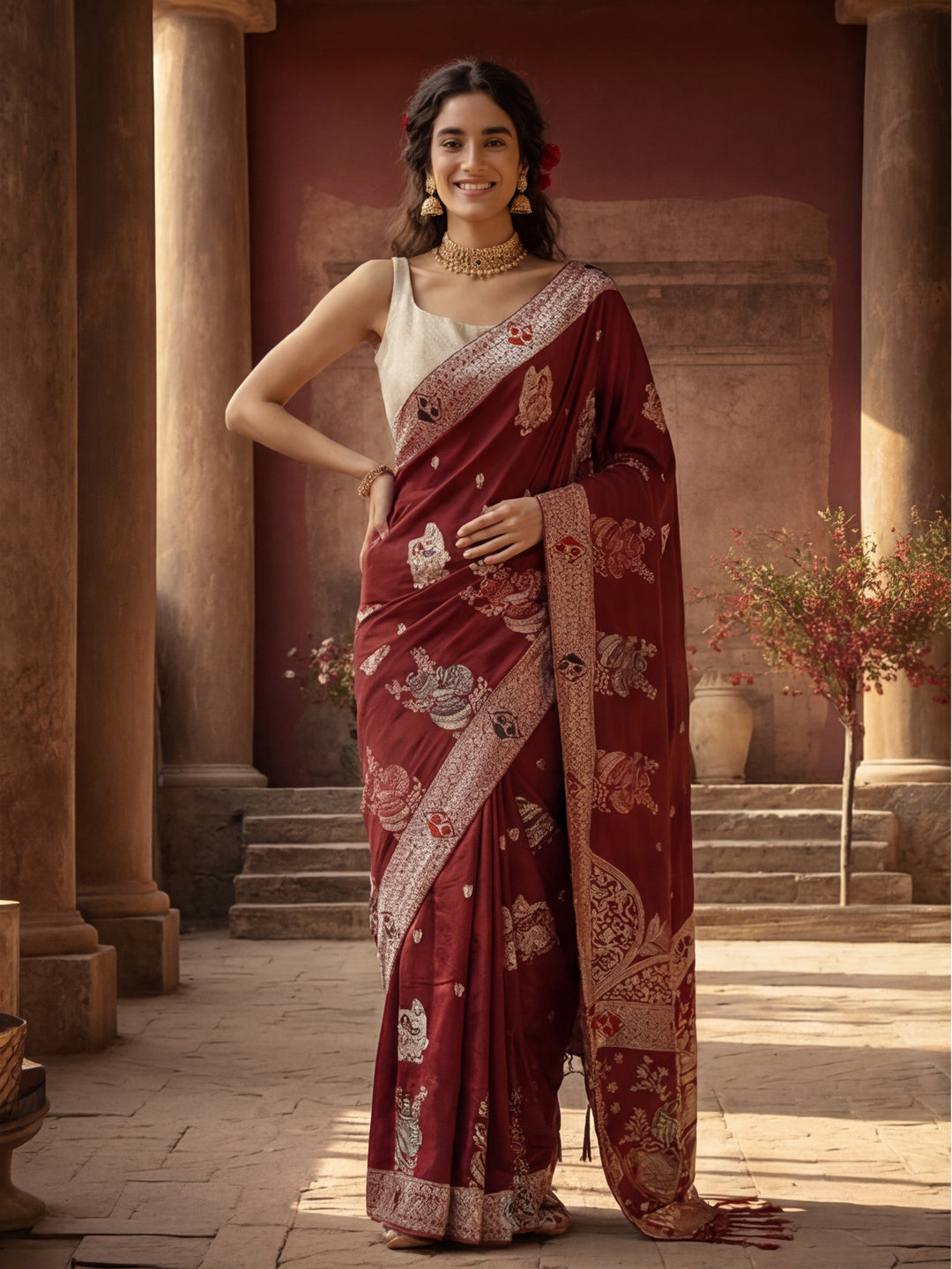 Women's Maroon Jacquard Weaving Work Saree