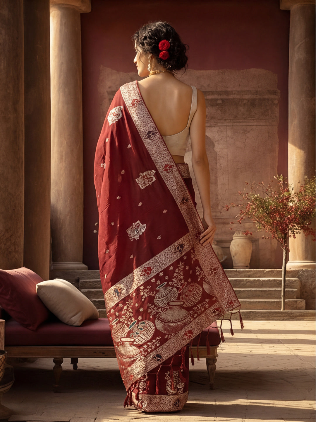 Women's Maroon Jacquard Weaving Work Saree