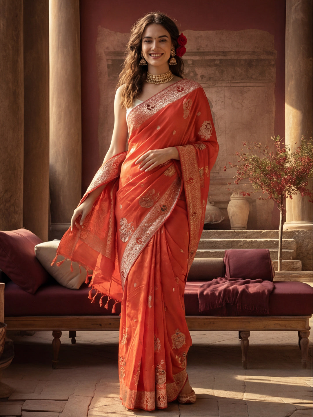 Women's Orange Jacquard Weaving Work Saree