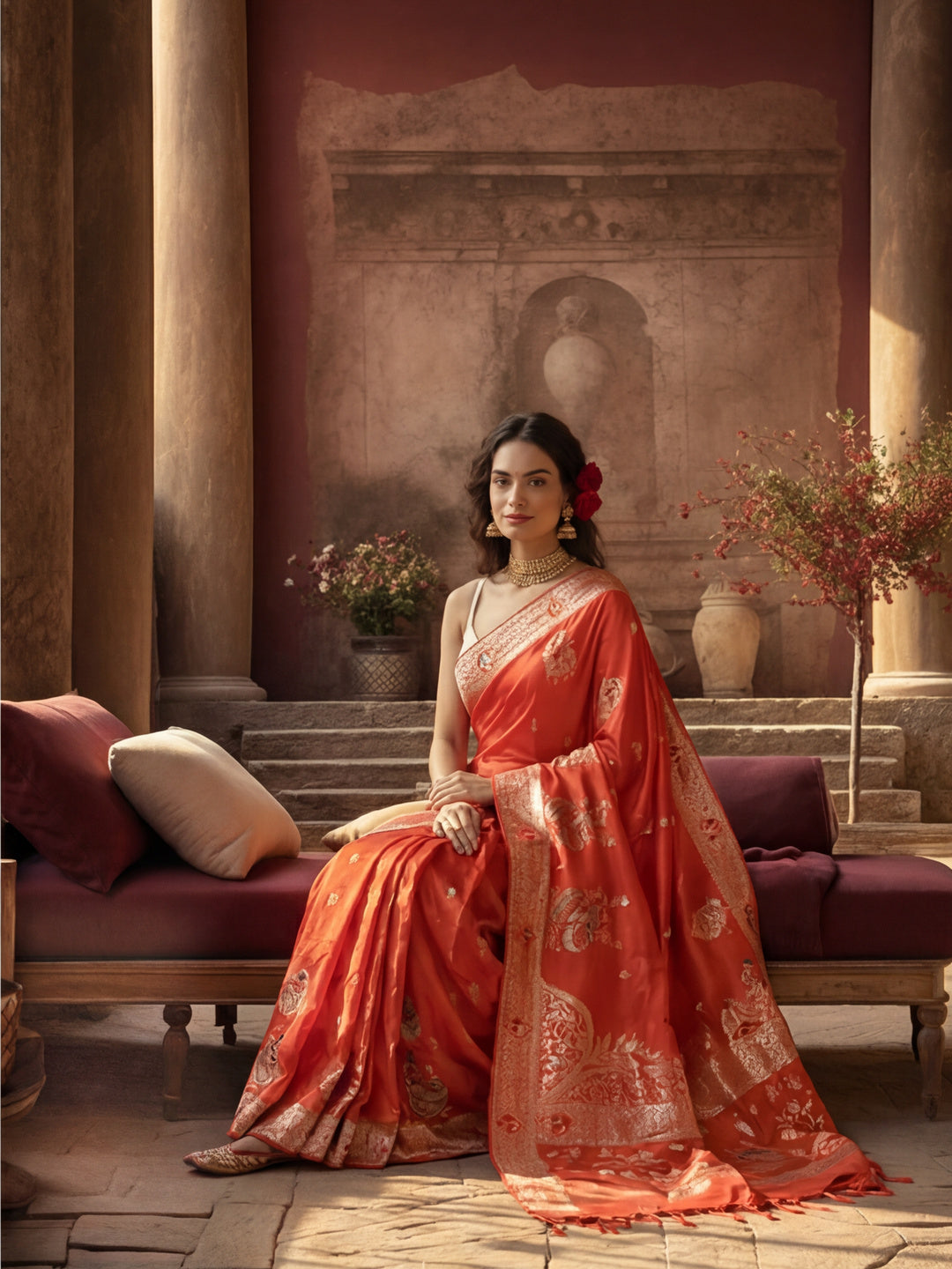 Women's Orange Jacquard Weaving Work Saree