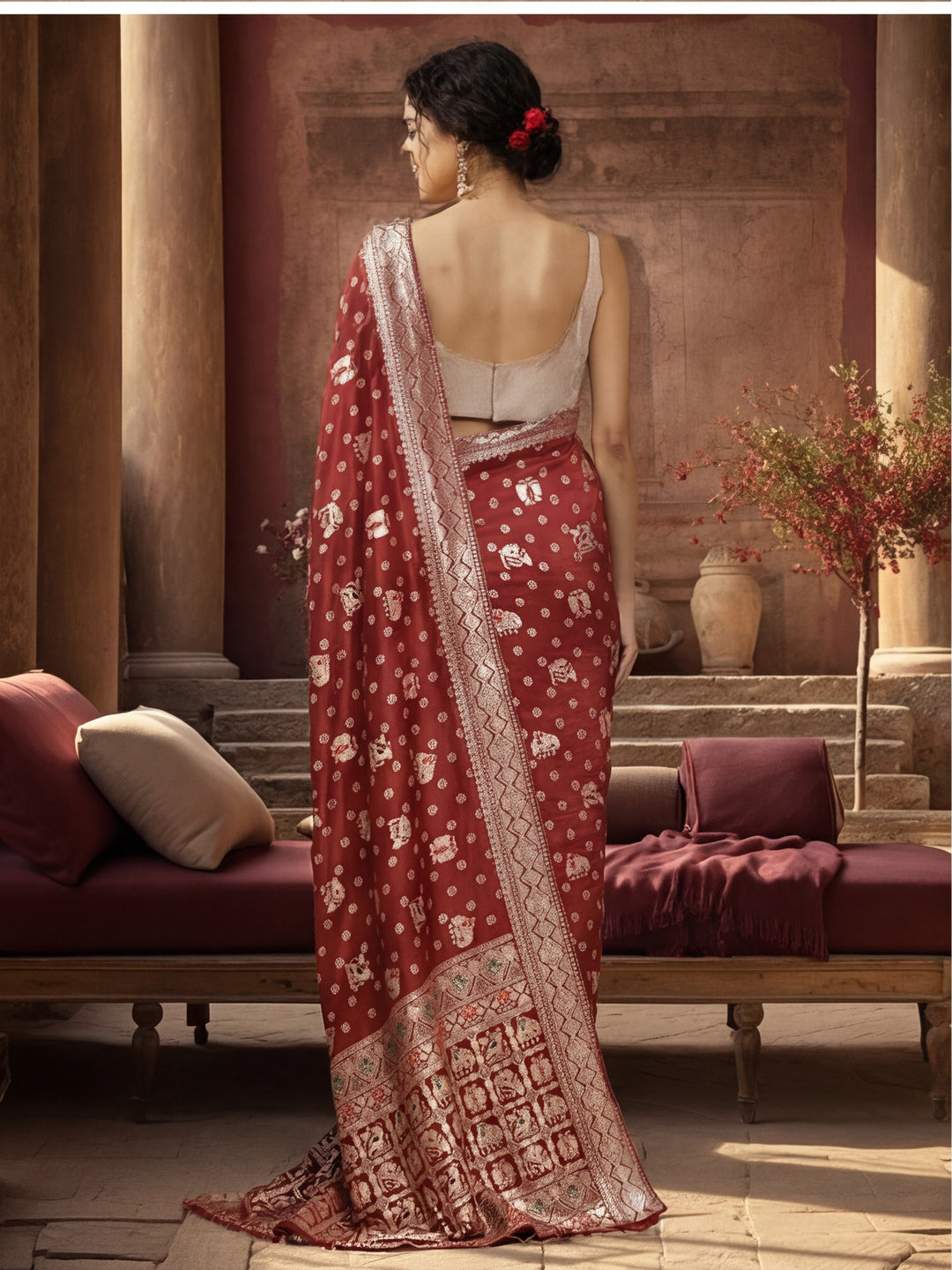Women's Maroon Jacquard Weaving Work Saree