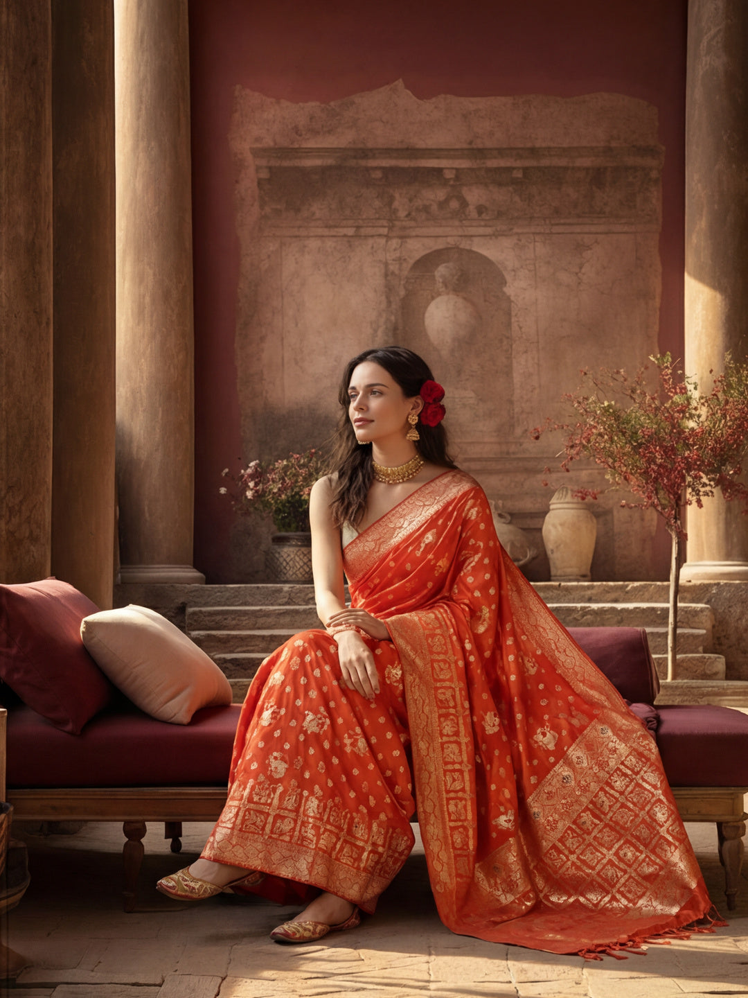 Women's Orange Jacquard Weaving Work Saree