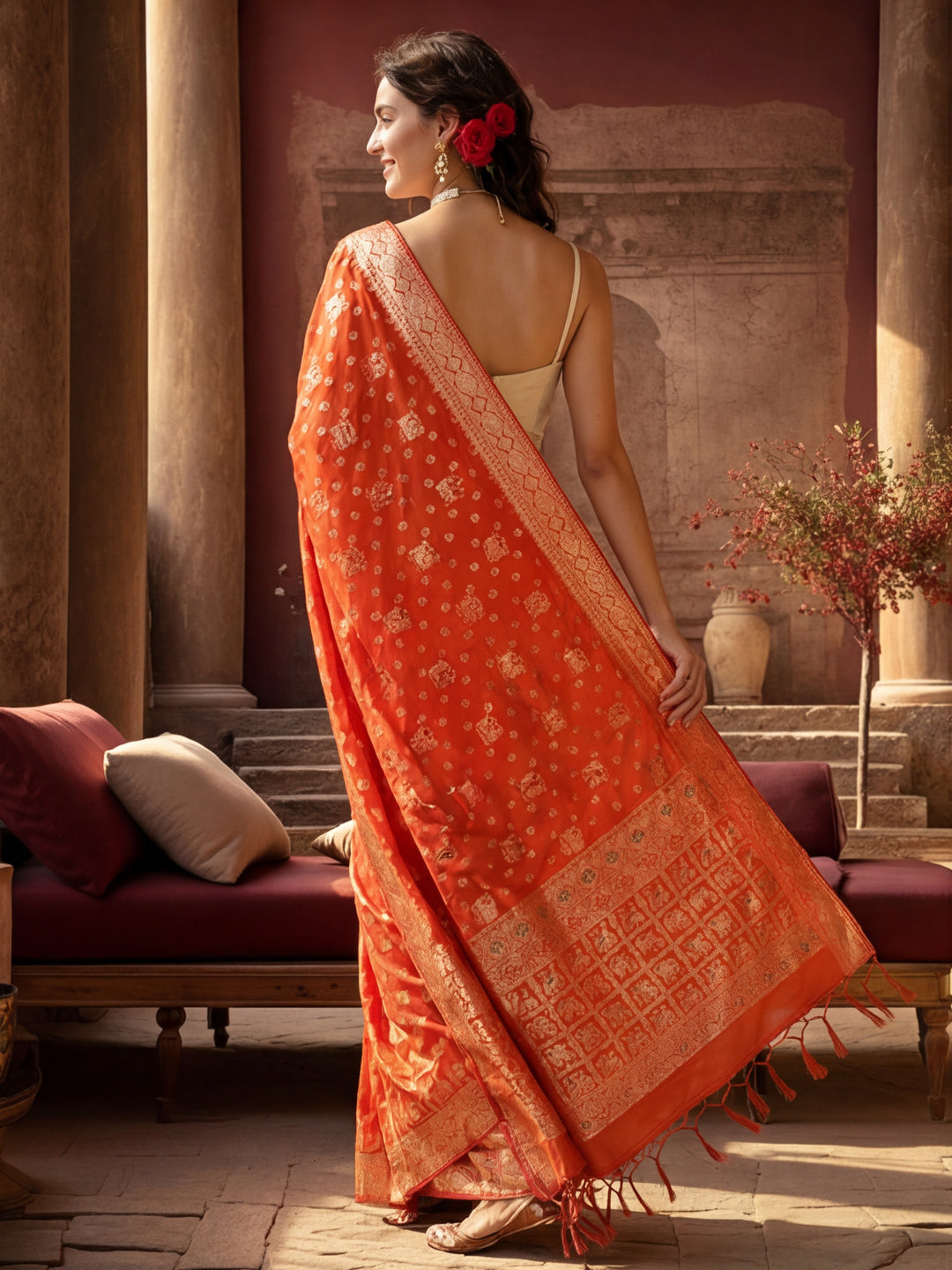 Women's Orange Jacquard Weaving Work Saree