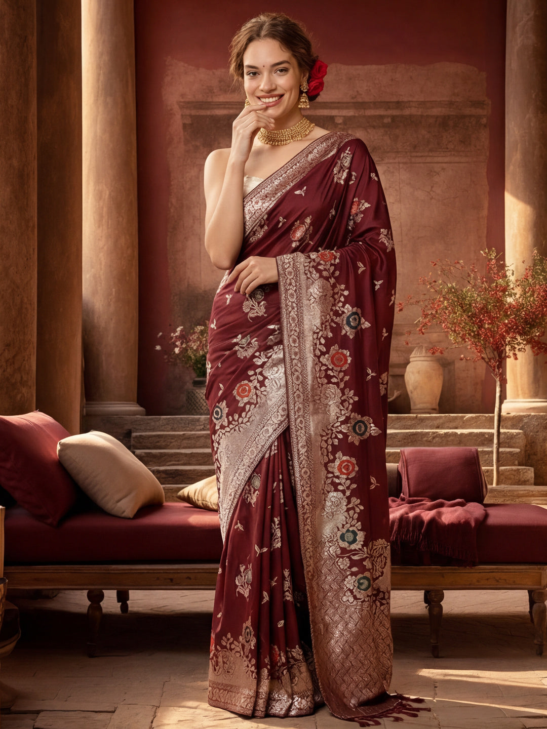 Women's Burgundy Jacquard Weaving Work Saree