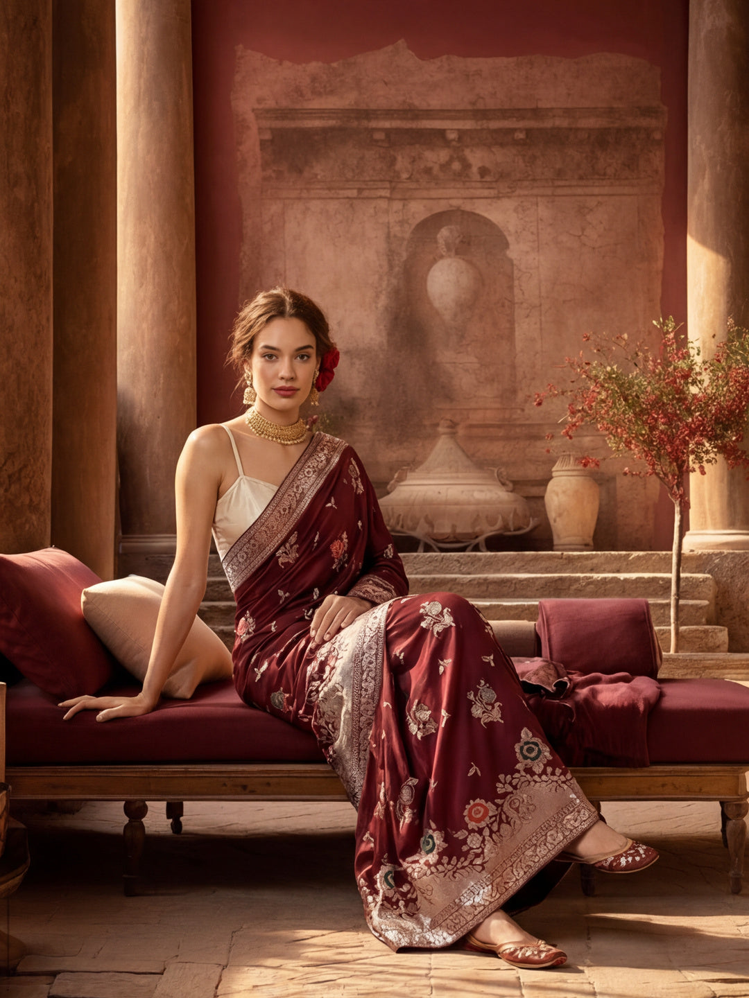 Women's Burgundy Jacquard Weaving Work Saree