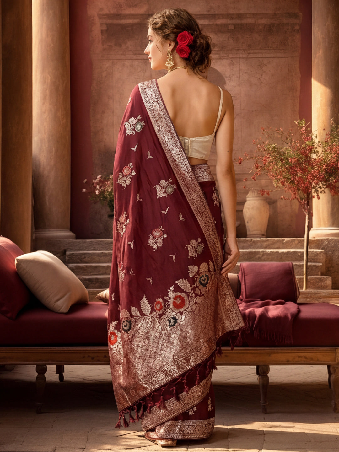 Women's Burgundy Jacquard Weaving Work Saree