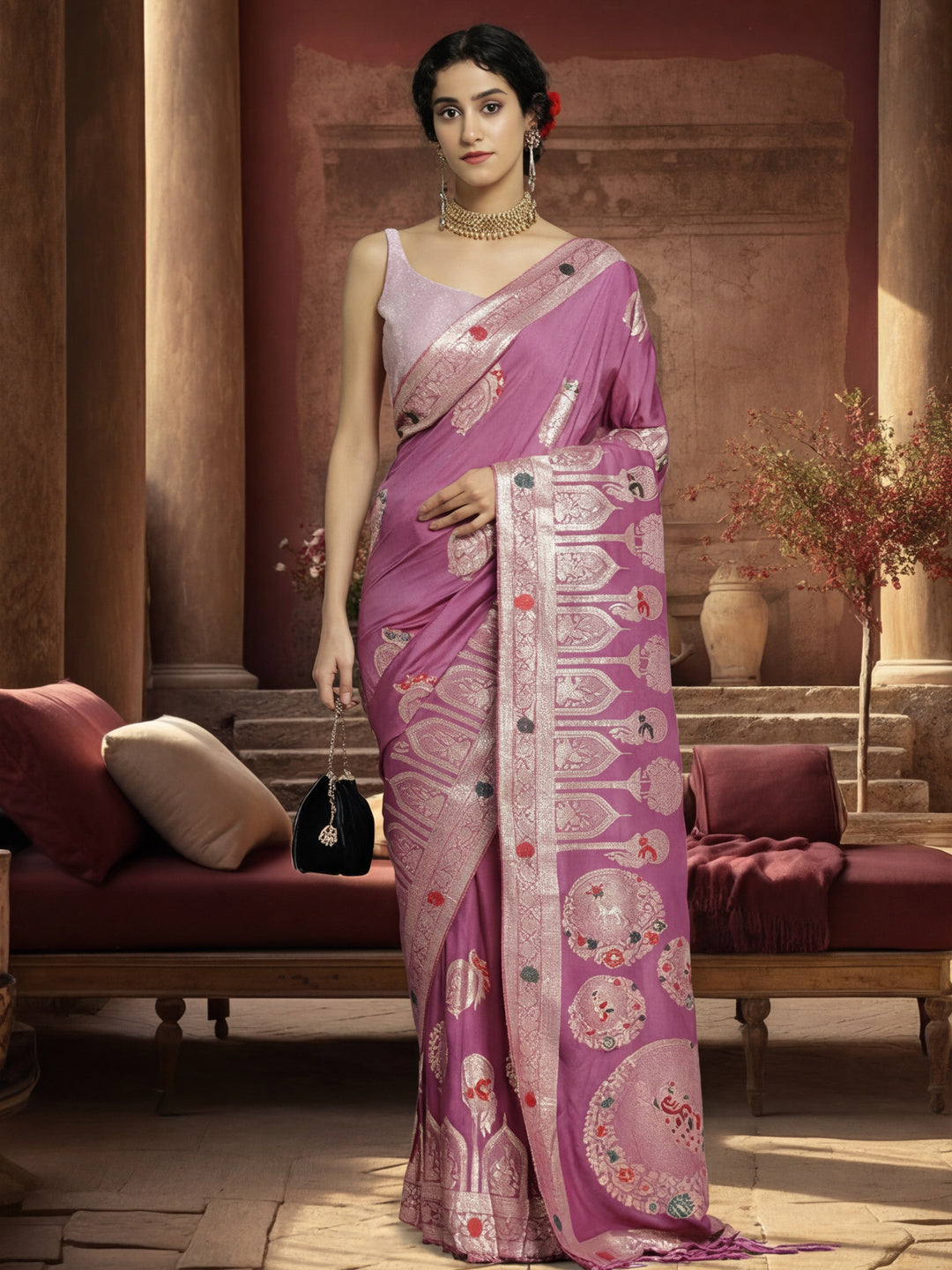 Women's Lavender Jacquard Weaving Work Saree