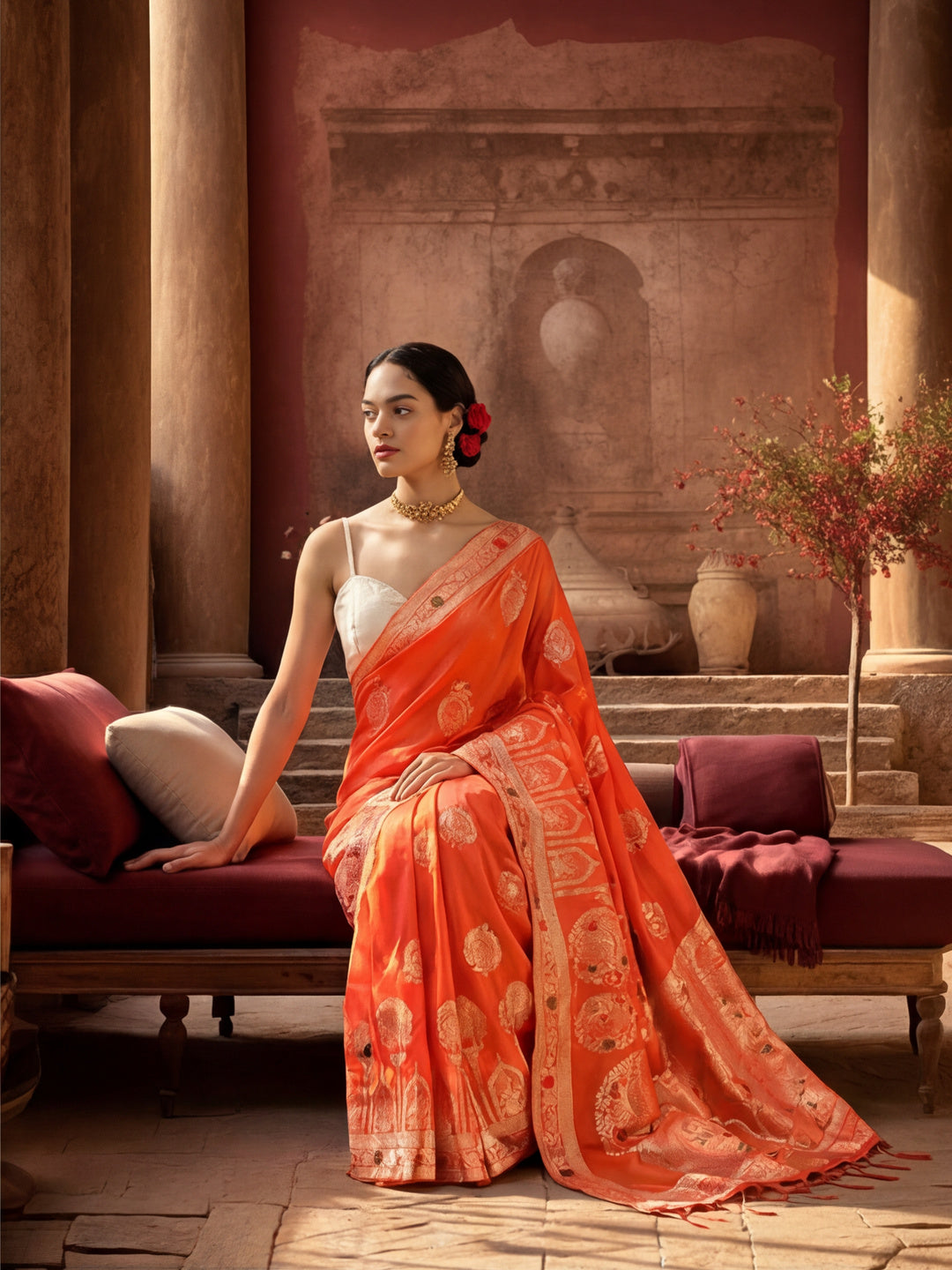 Women's Orange Jacquard Weaving Work Saree