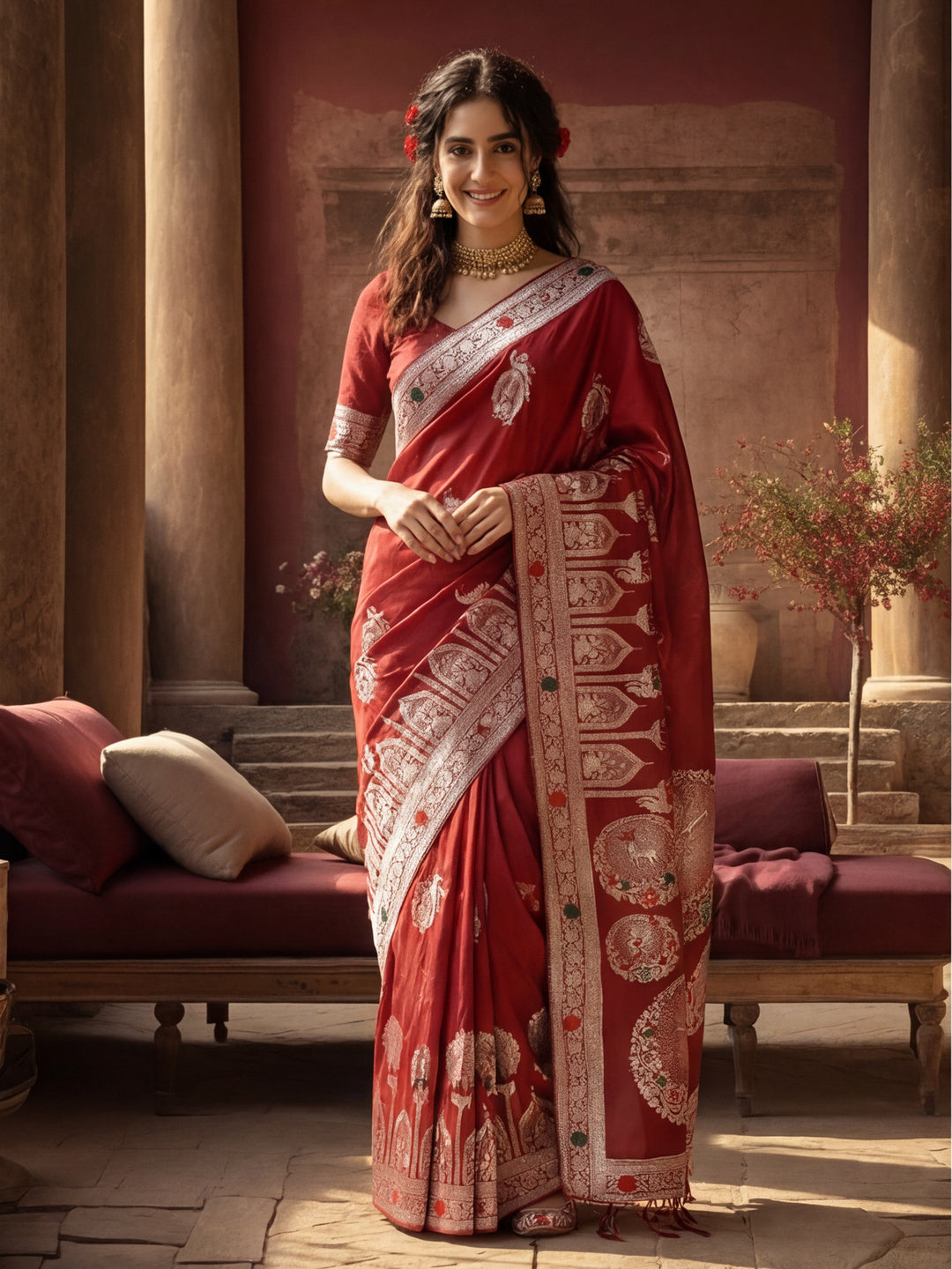 Women's Red Jacquard Weaving Work Saree