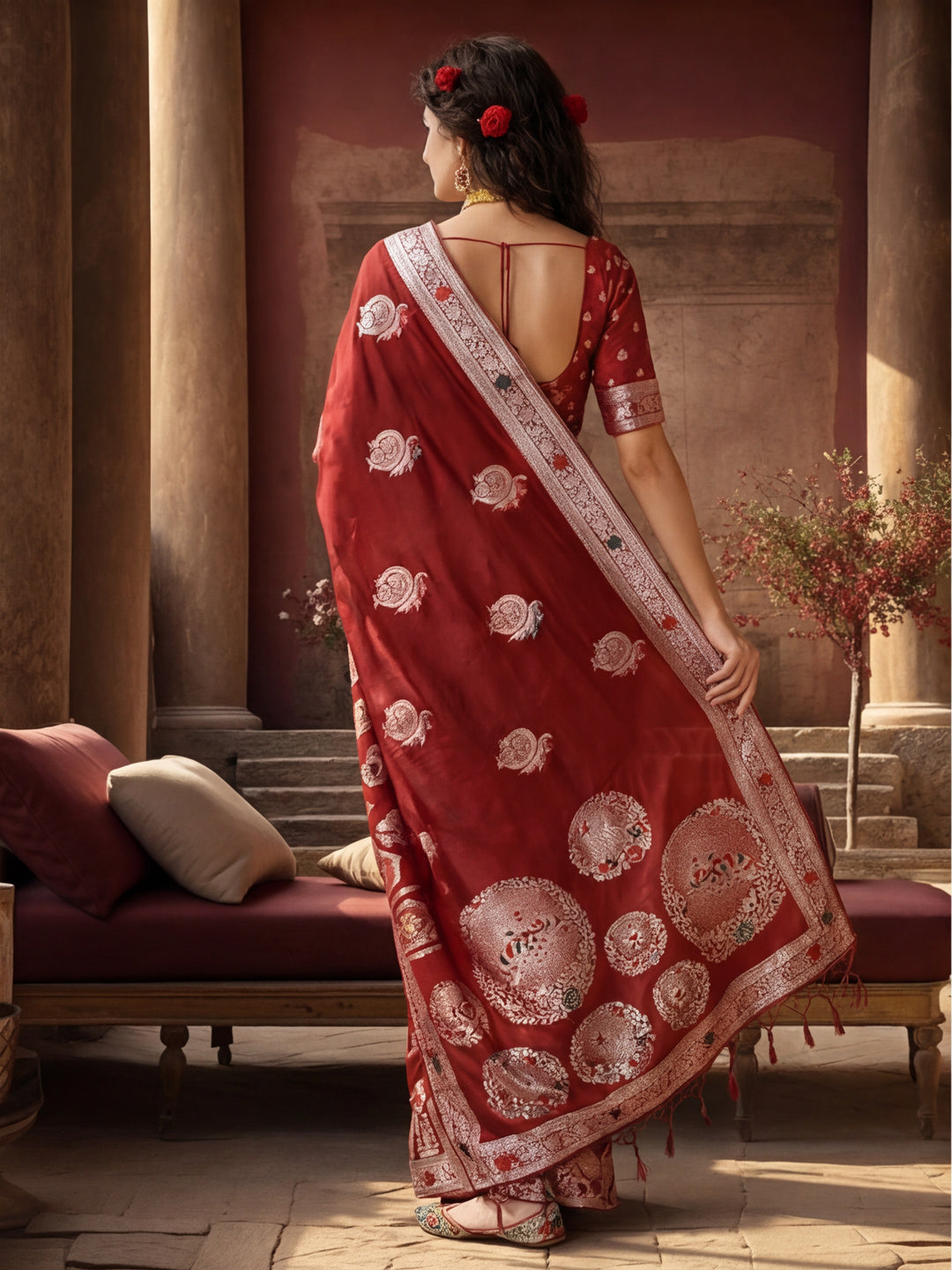 Women's Red Jacquard Weaving Work Saree