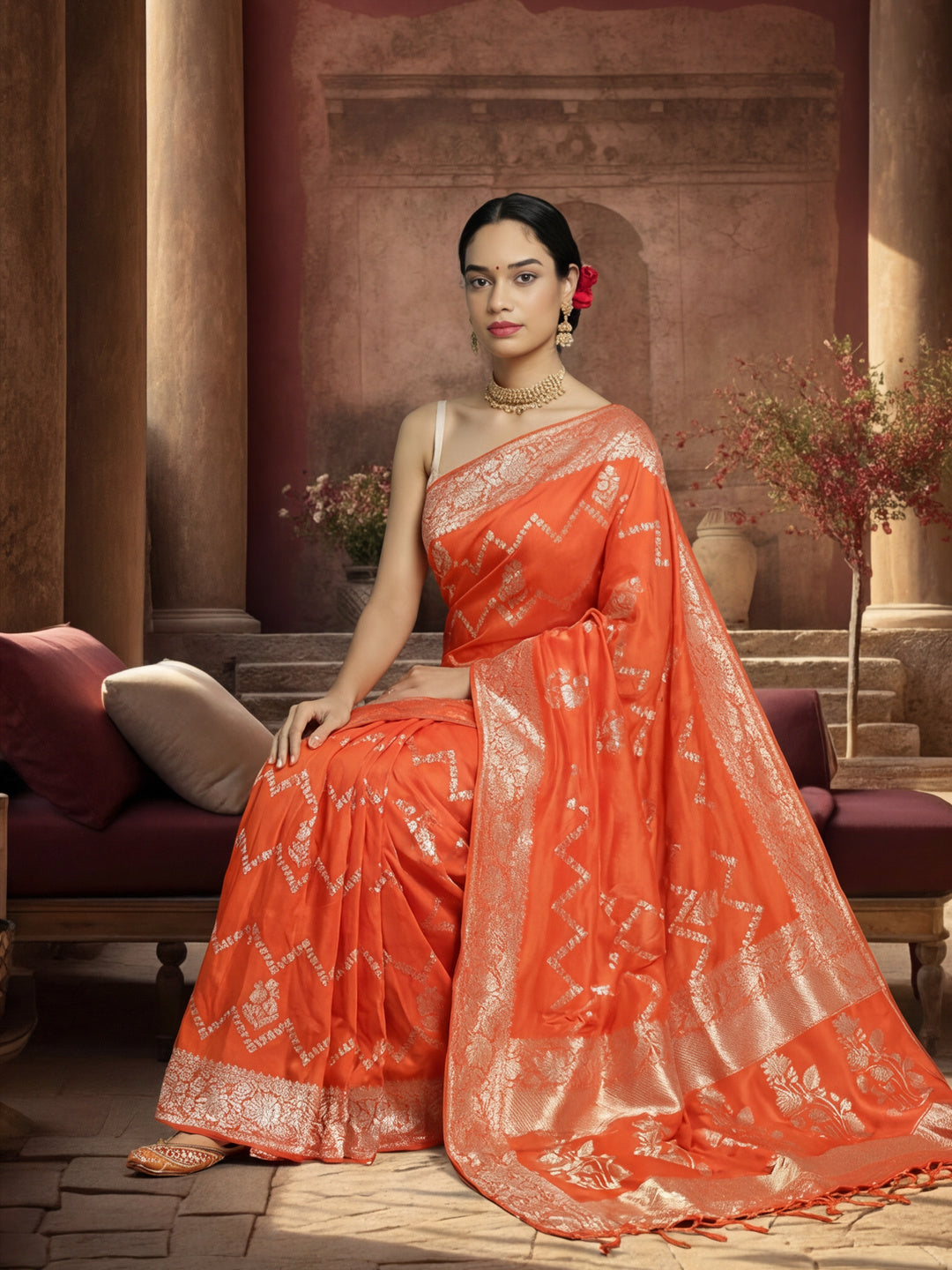 Women's Orange Staple Jacquard Dola Weaving Work Saree